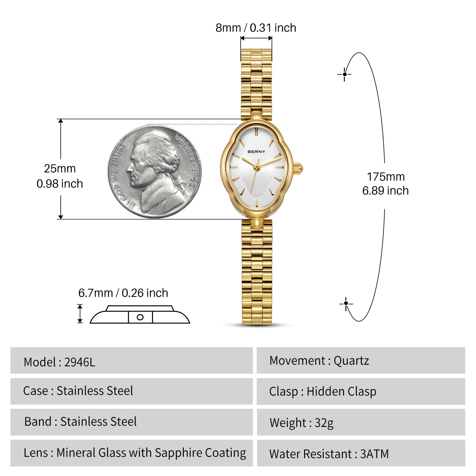 BERNY Gold Watches for Women Dainty Ladies Quartz Watch Vintage Copper Mirrors Shape Japanese Quartz Movement 3ATM Waterproof Fashion Female Wrist Watch Luxury Birthday Gifts-White Dial - Image 4