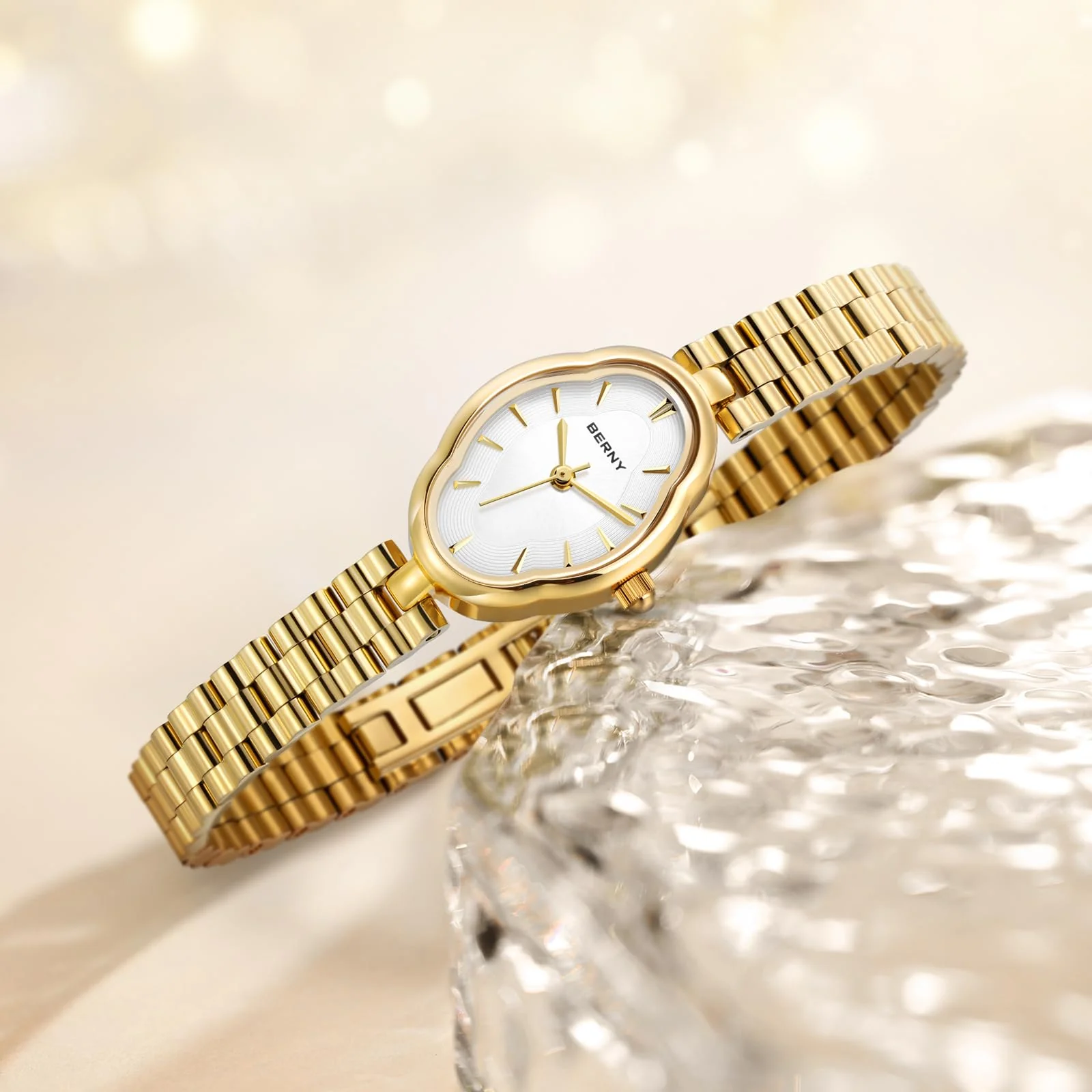 BERNY Gold Watches for Women Dainty Ladies Quartz Watch Vintage Copper Mirrors Shape Japanese Quartz Movement 3ATM Waterproof Fashion Female Wrist Watch Luxury Birthday Gifts-White Dial - Image 6