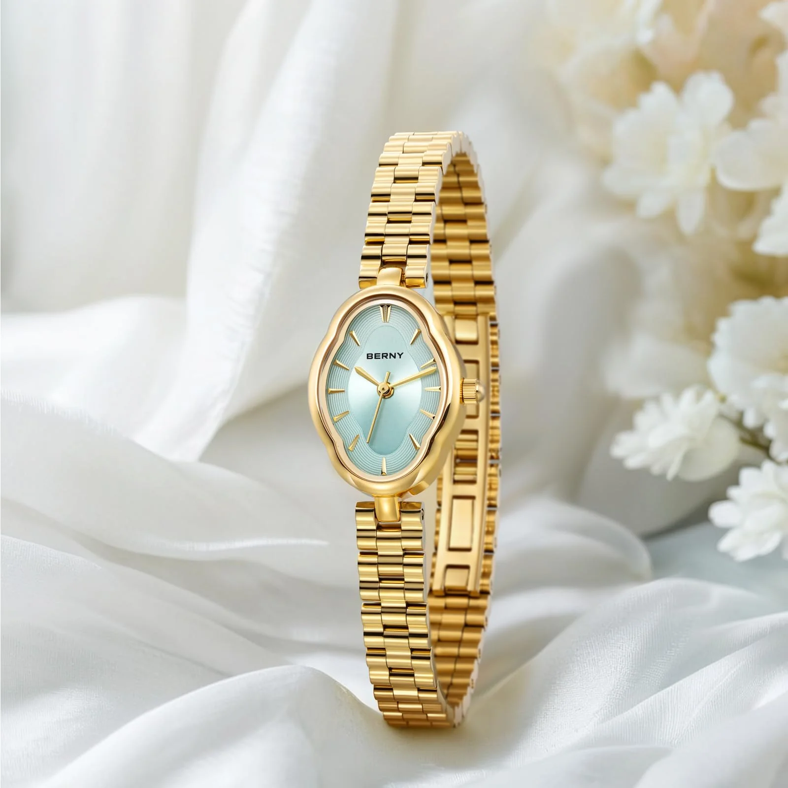 BERNY Gold Watches for Women Dainty Ladies Wristwatch Vintage Copper Mirrors Shape Japanese Quartz Movement 3ATM Waterproof All Stainless Steel Fashion Female Wrist Watch Luxury Birthday Gifts - Image 3