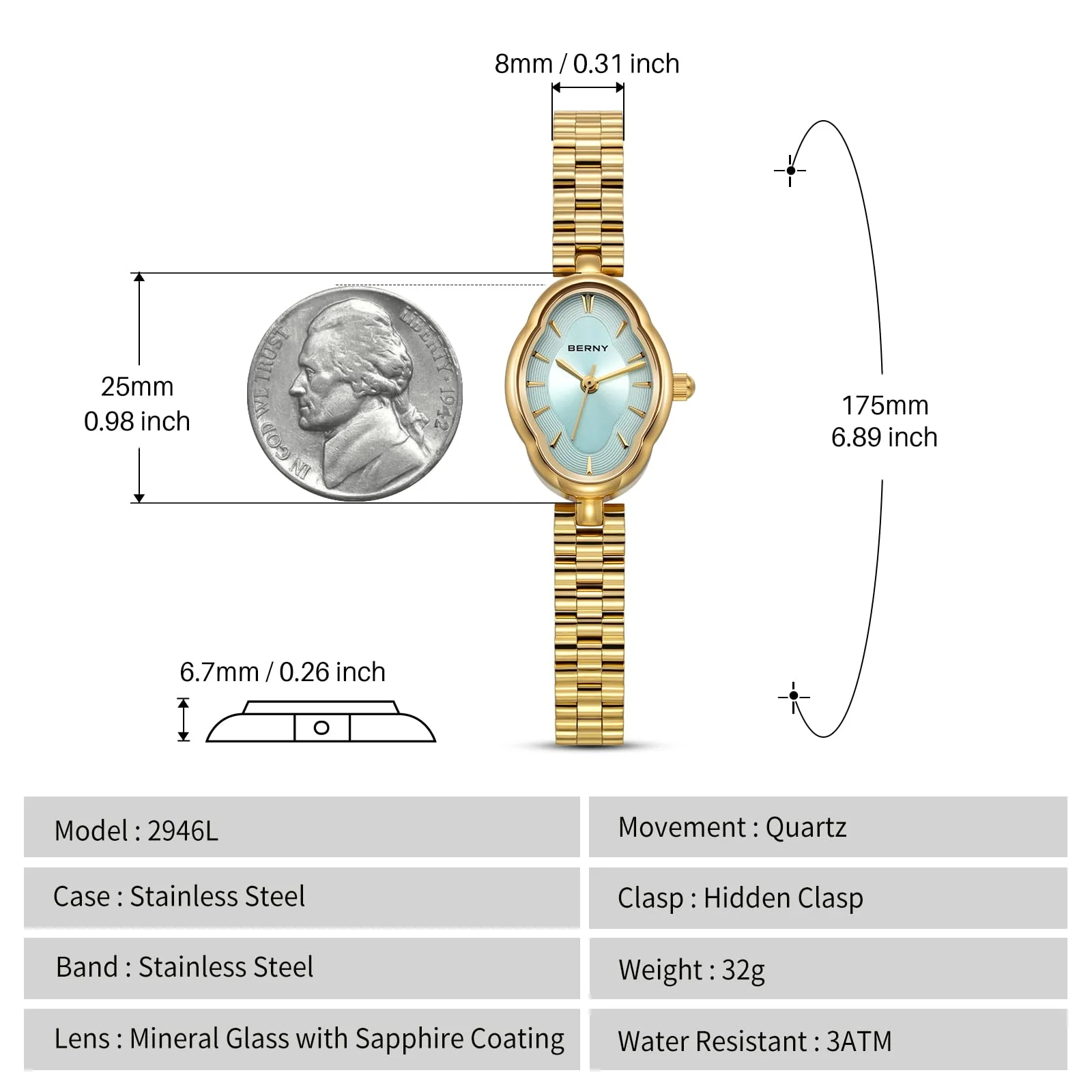 BERNY Gold Watches for Women Dainty Ladies Wristwatch Vintage Copper Mirrors Shape Japanese Quartz Movement 3ATM Waterproof All Stainless Steel Fashion Female Wrist Watch Luxury Birthday Gifts - Image 4