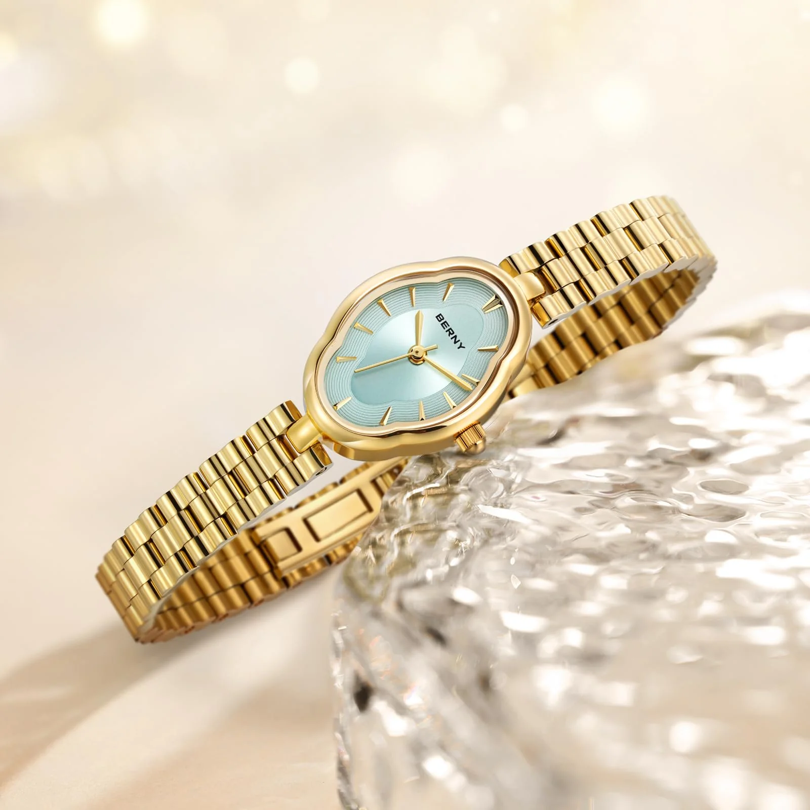 BERNY Gold Watches for Women Dainty Ladies Wristwatch Vintage Copper Mirrors Shape Japanese Quartz Movement 3ATM Waterproof All Stainless Steel Fashion Female Wrist Watch Luxury Birthday Gifts - Image 6