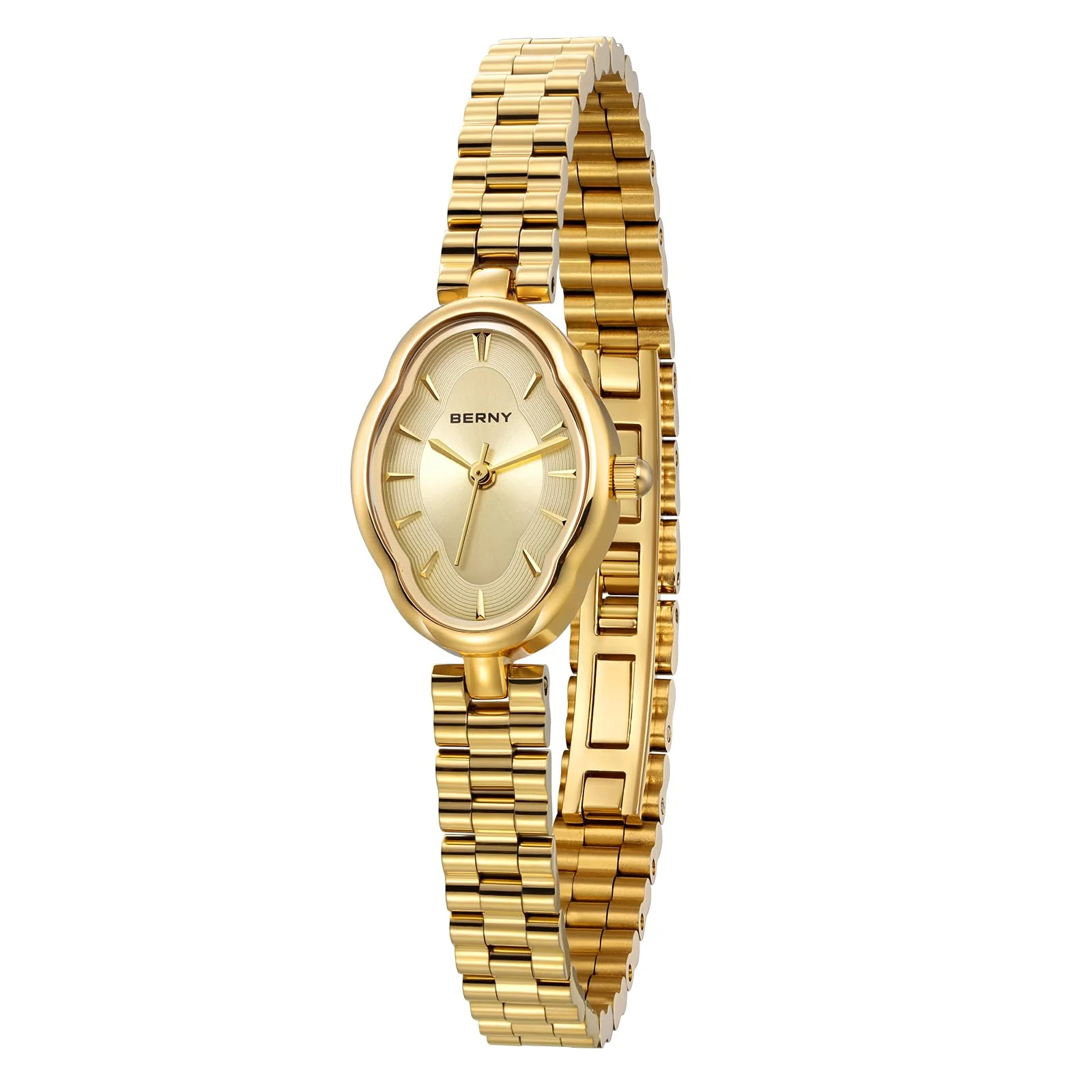 BERNY Gold Watches for Women Dainty Ladies Wristwatch Vintage Copper Mirrors Shape Japanese Quartz Movement 3ATM Waterproof All Stainless Steel Fashion Female Wrist Watch Luxury Birthday Gifts