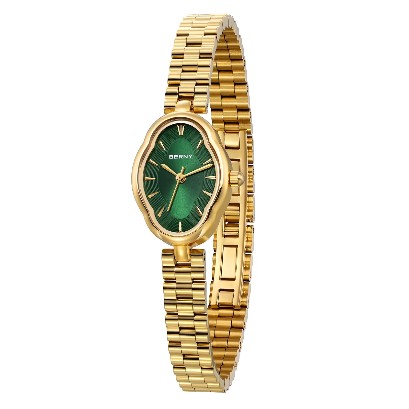 BERNY Gold Watches for Women Dainty Ladies Wristwatch Vintage Copper Mirrors Shape Japanese Quartz Movement 3ATM Waterproof All Stainless Steel Fashion Female Wrist Watch Luxury Birthday Gifts