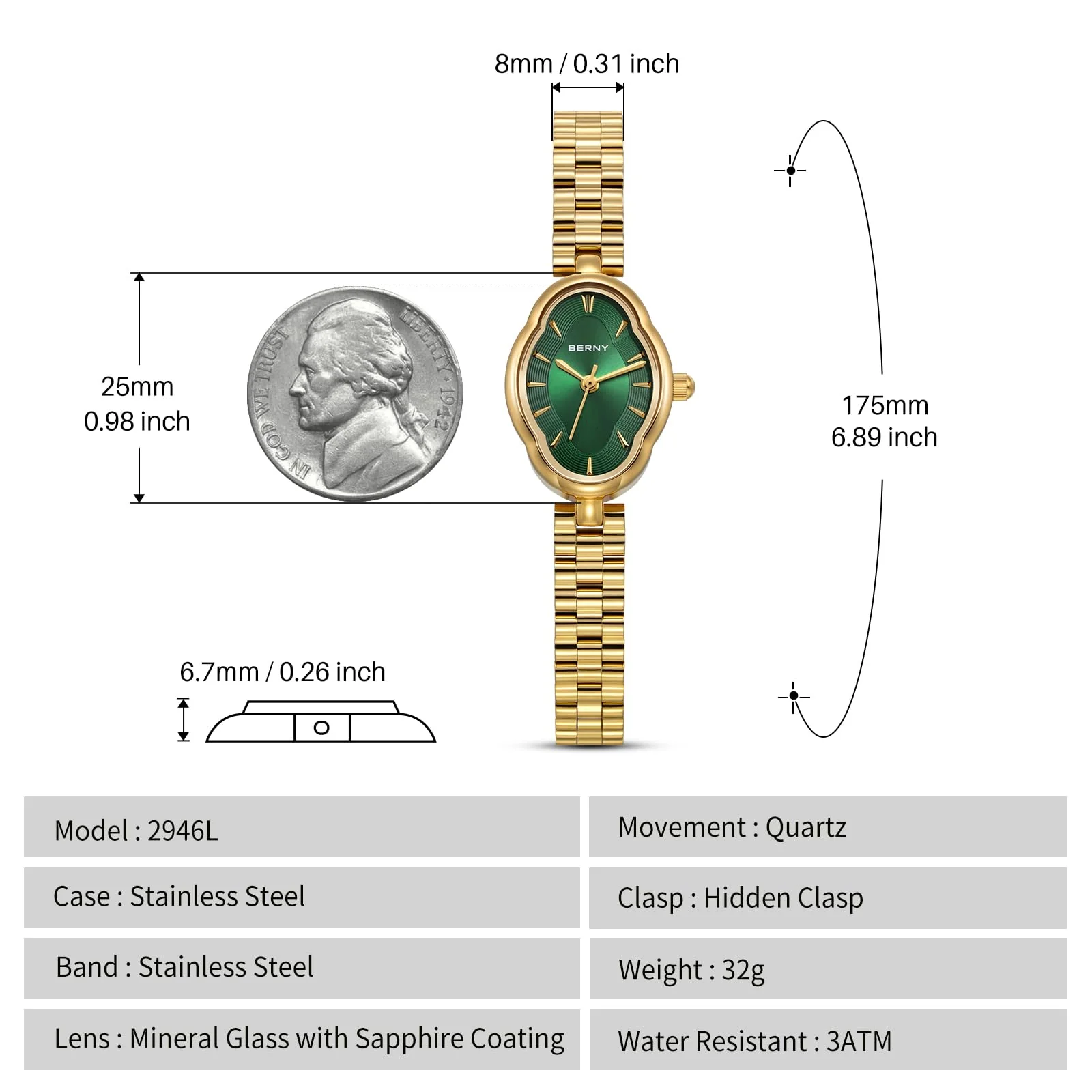 BERNY Gold Watches for Women Dainty Ladies Wristwatch Vintage Copper Mirrors Shape Japanese Quartz Movement 3ATM Waterproof All Stainless Steel Fashion Female Wrist Watch Luxury Birthday Gifts - Image 4