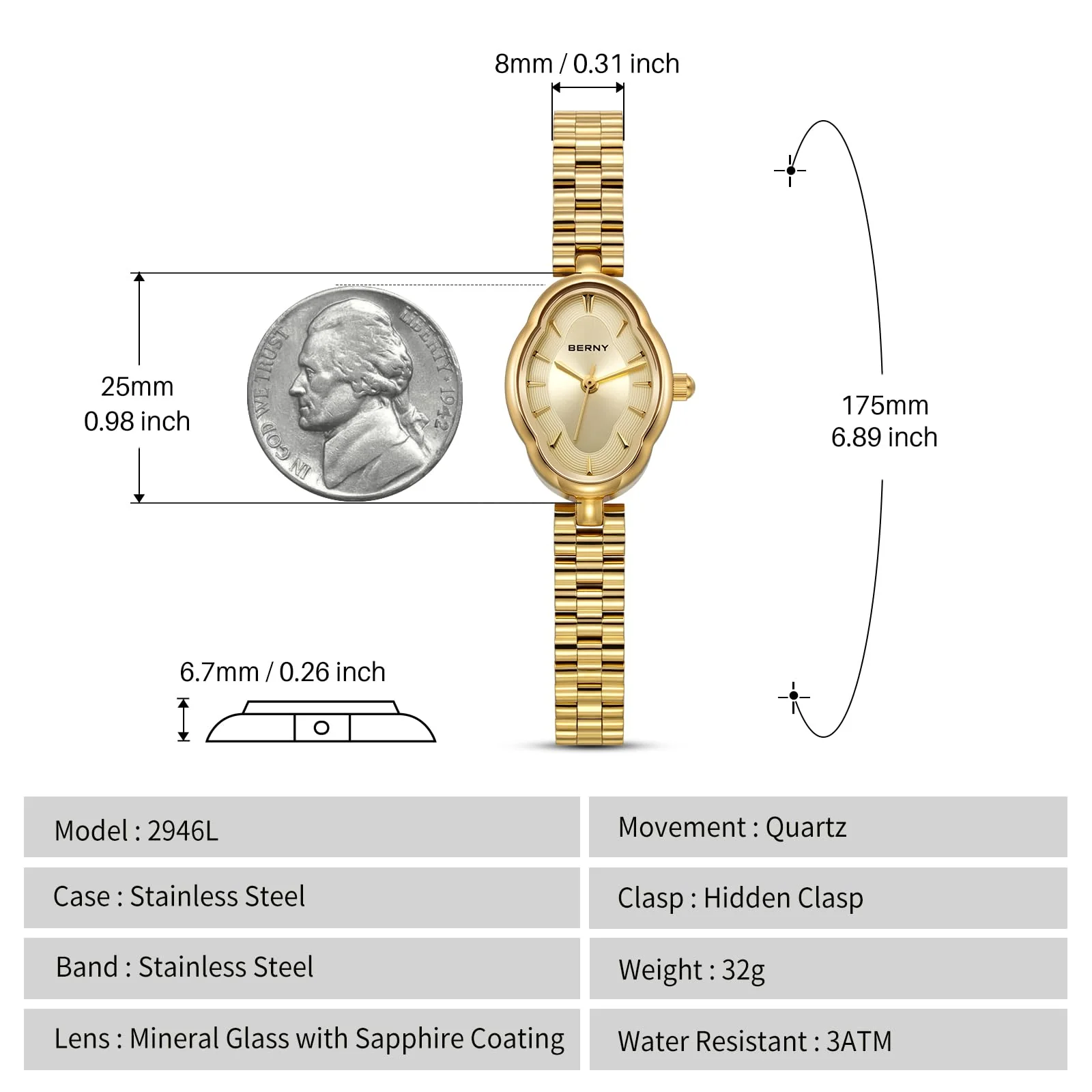 BERNY Gold Watches for Women Dainty Ladies Wristwatch Vintage Copper Mirrors Shape Japanese Quartz Movement 3ATM Waterproof All Stainless Steel Fashion Female Wrist Watch Luxury Birthday Gifts - Image 4