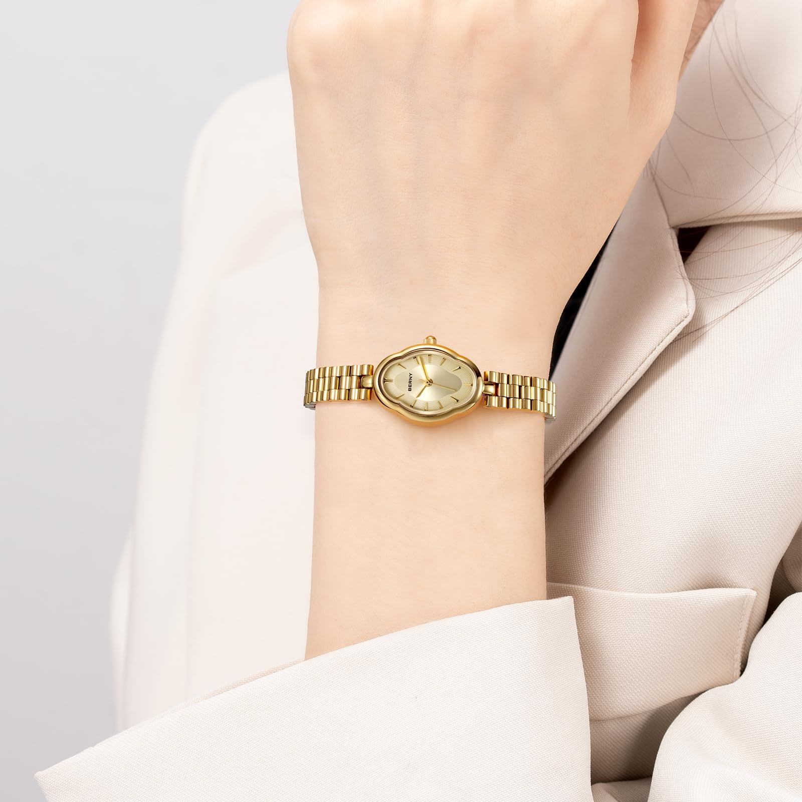 BERNY Gold Watches for Women Dainty Ladies Wristwatch Vintage Copper Mirrors Shape Japanese Quartz Movement 3ATM Waterproof All Stainless Steel Fashion Female Wrist Watch Luxury Birthday Gifts - Image 5
