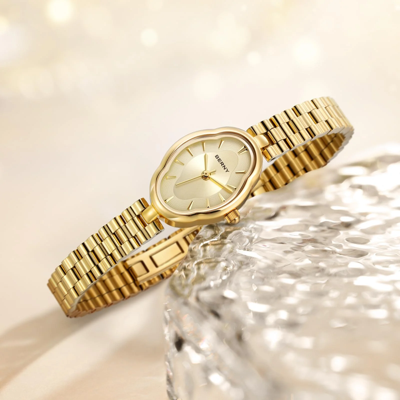 BERNY Gold Watches for Women Dainty Ladies Wristwatch Vintage Copper Mirrors Shape Japanese Quartz Movement 3ATM Waterproof All Stainless Steel Fashion Female Wrist Watch Luxury Birthday Gifts - Image 6