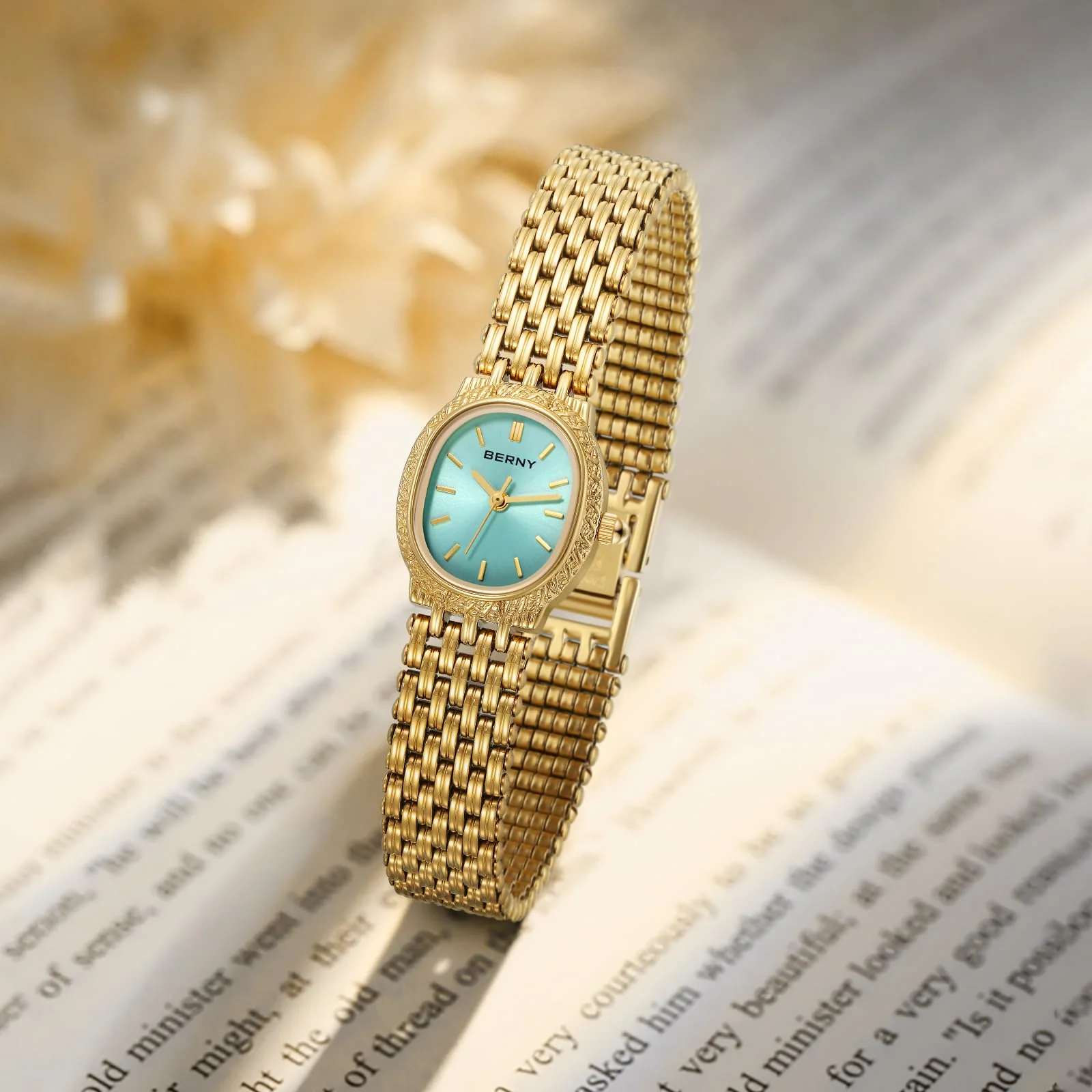 BERNY Gold Watches for Women Oval Ladie's Small Watch Quartz Movement 3ATM Waterproof Female Wrist Watch Small and Exquisite Tools Included -Glacier Blue Dail - Image 3