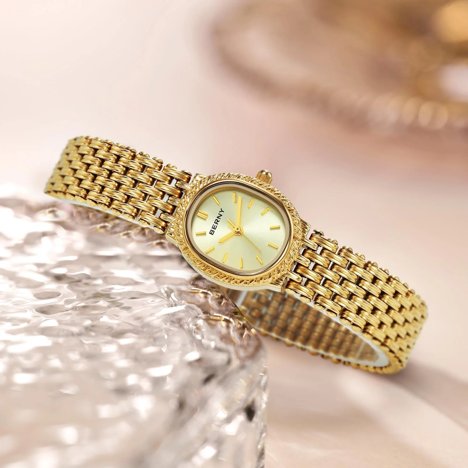 BERNY Gold Watches for Women Oval Ladie's Small Watch Quartz Movement 3ATM Waterproof Female Wrist Watch Small and Exquisite Tools Included -Gold Dail - Image 4
