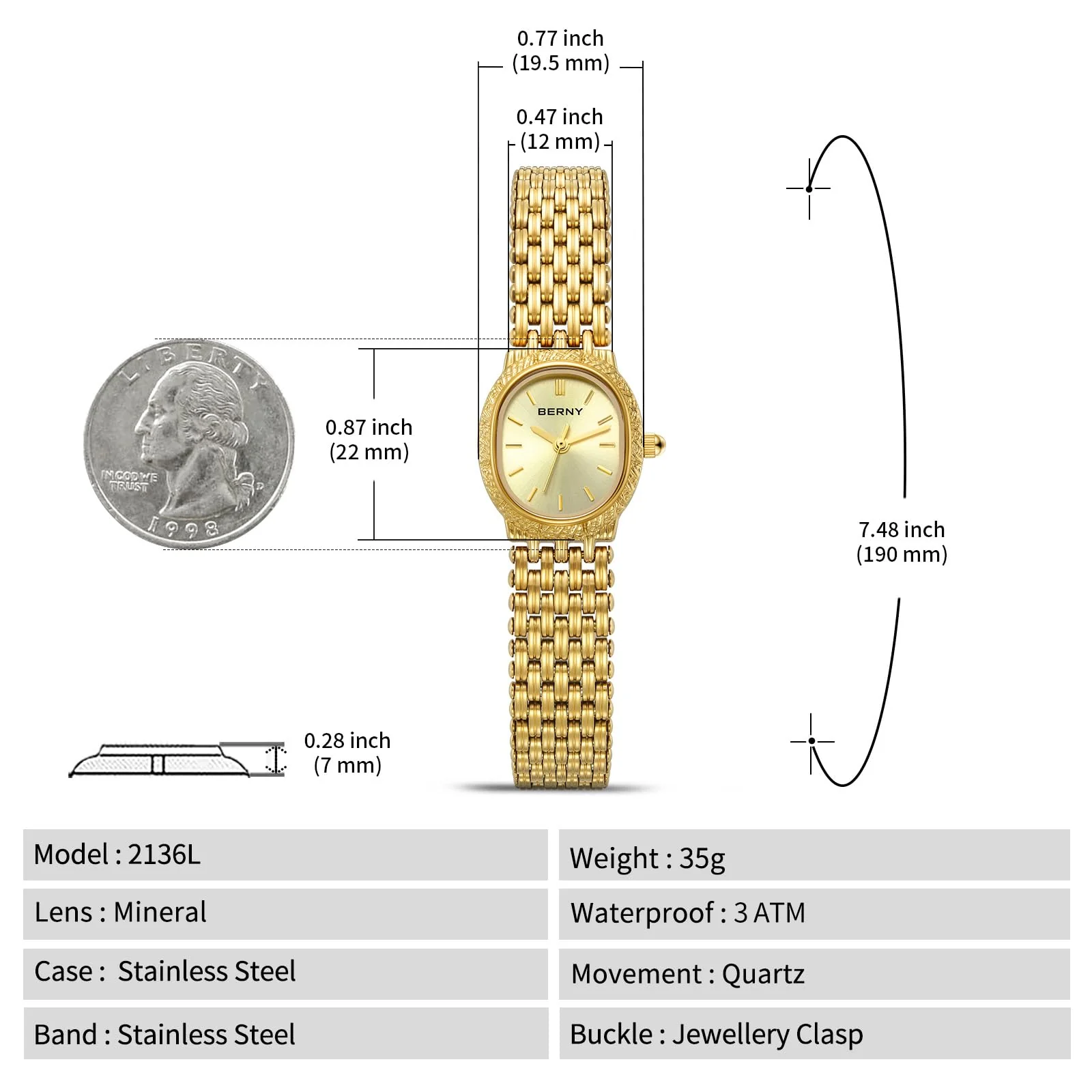 BERNY Gold Watches for Women Oval Ladie's Small Watch Quartz Movement 3ATM Waterproof Female Wrist Watch Small and Exquisite Tools Included -Gold Dail - Image 5
