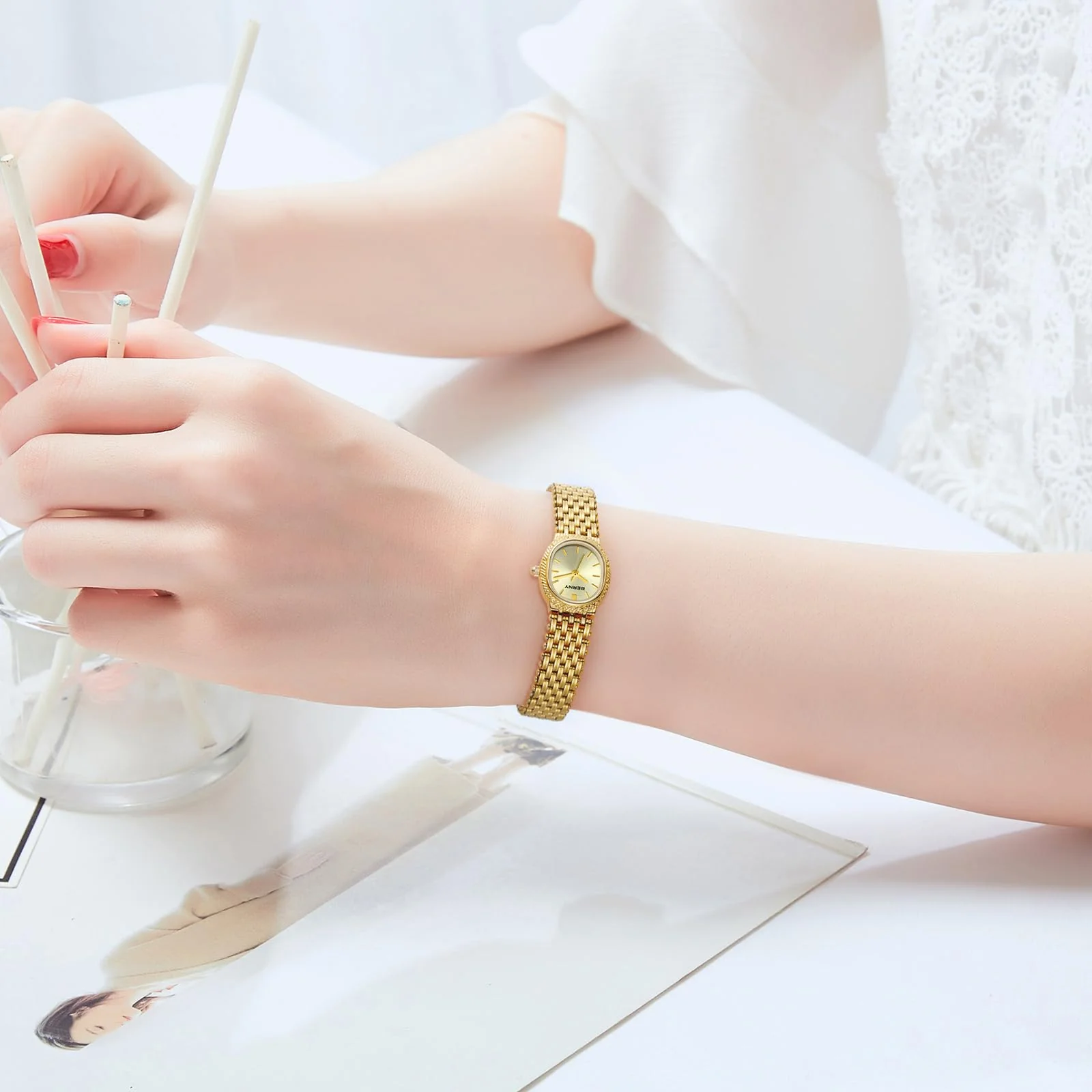 BERNY Gold Watches for Women Oval Ladie's Small Watch Quartz Movement 3ATM Waterproof Female Wrist Watch Small and Exquisite Tools Included -Gold Dail - Image 6