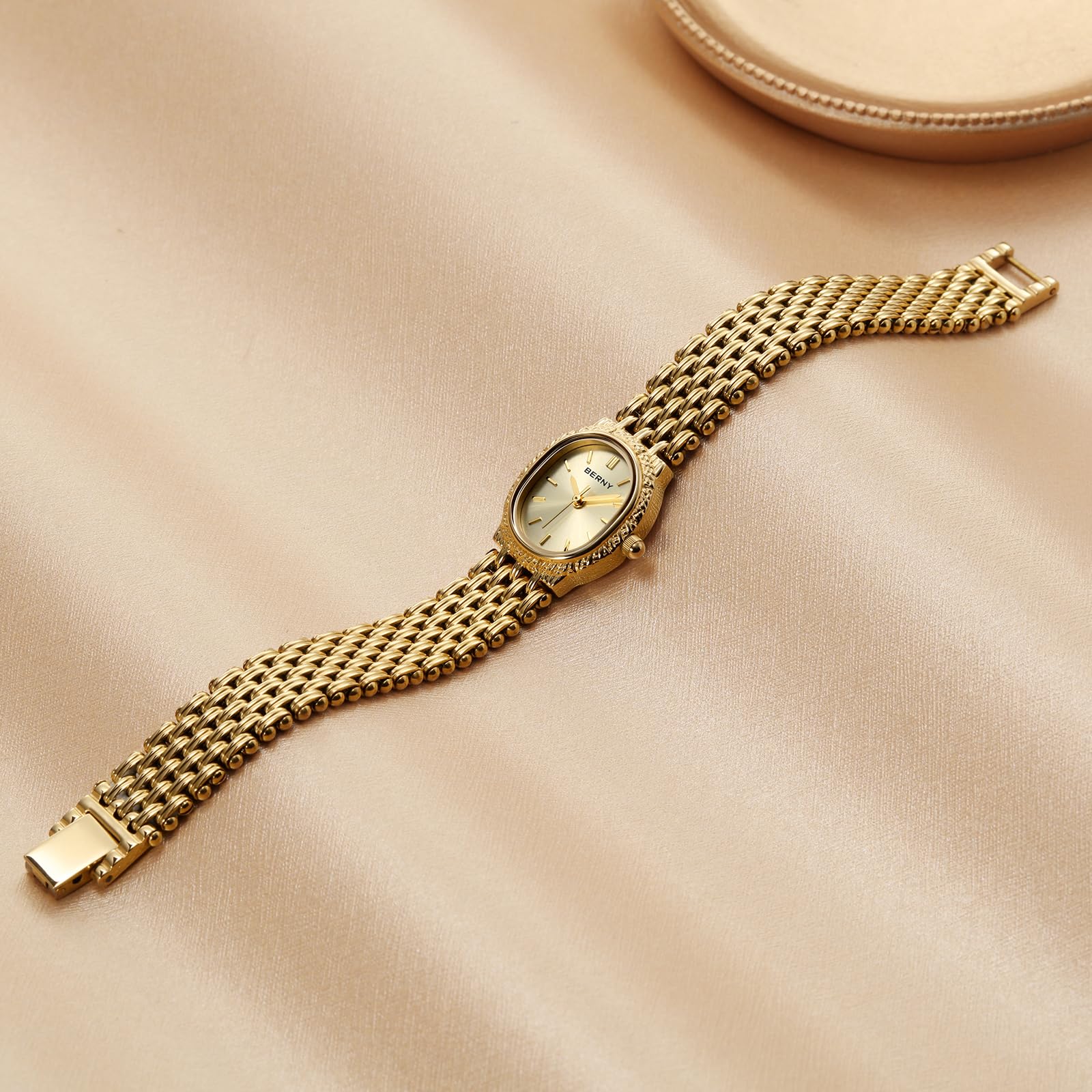 BERNY Gold Watches for Women Oval Ladie's Small Watch Quartz Movement 3ATM Waterproof Female Wrist Watch Small and Exquisite Tools Included -Gold Dail - Image 7