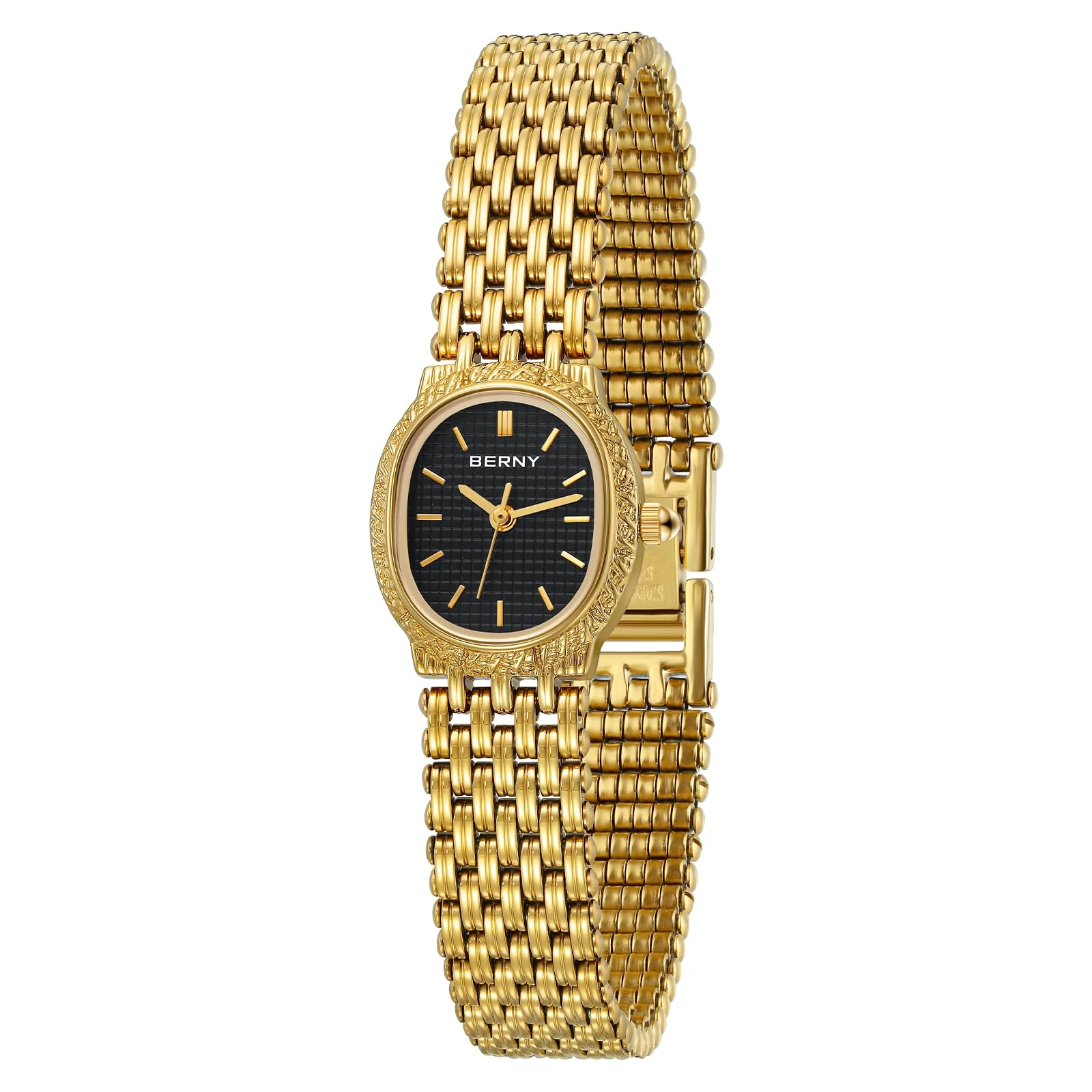 BERNY Gold Watches for Women Vintage Bracelet Wrist Watch Luxury Small Ladies Oval Quartz Watch with Tools Included(Black Dial)