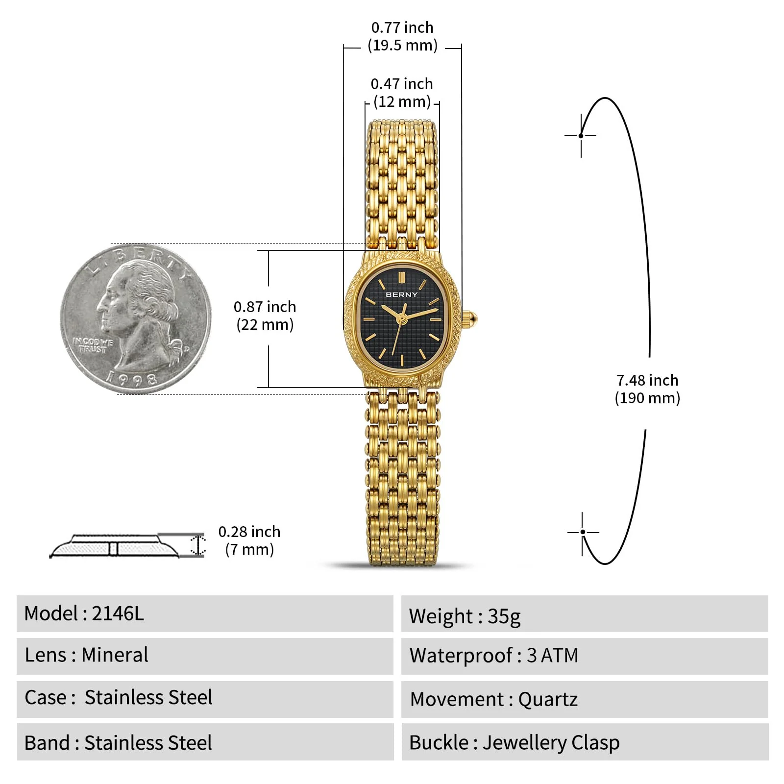 BERNY Gold Watches for Women Vintage Bracelet Wrist Watch Luxury Small Ladies Oval Quartz Watch with Tools Included(Black Dial) - Image 5