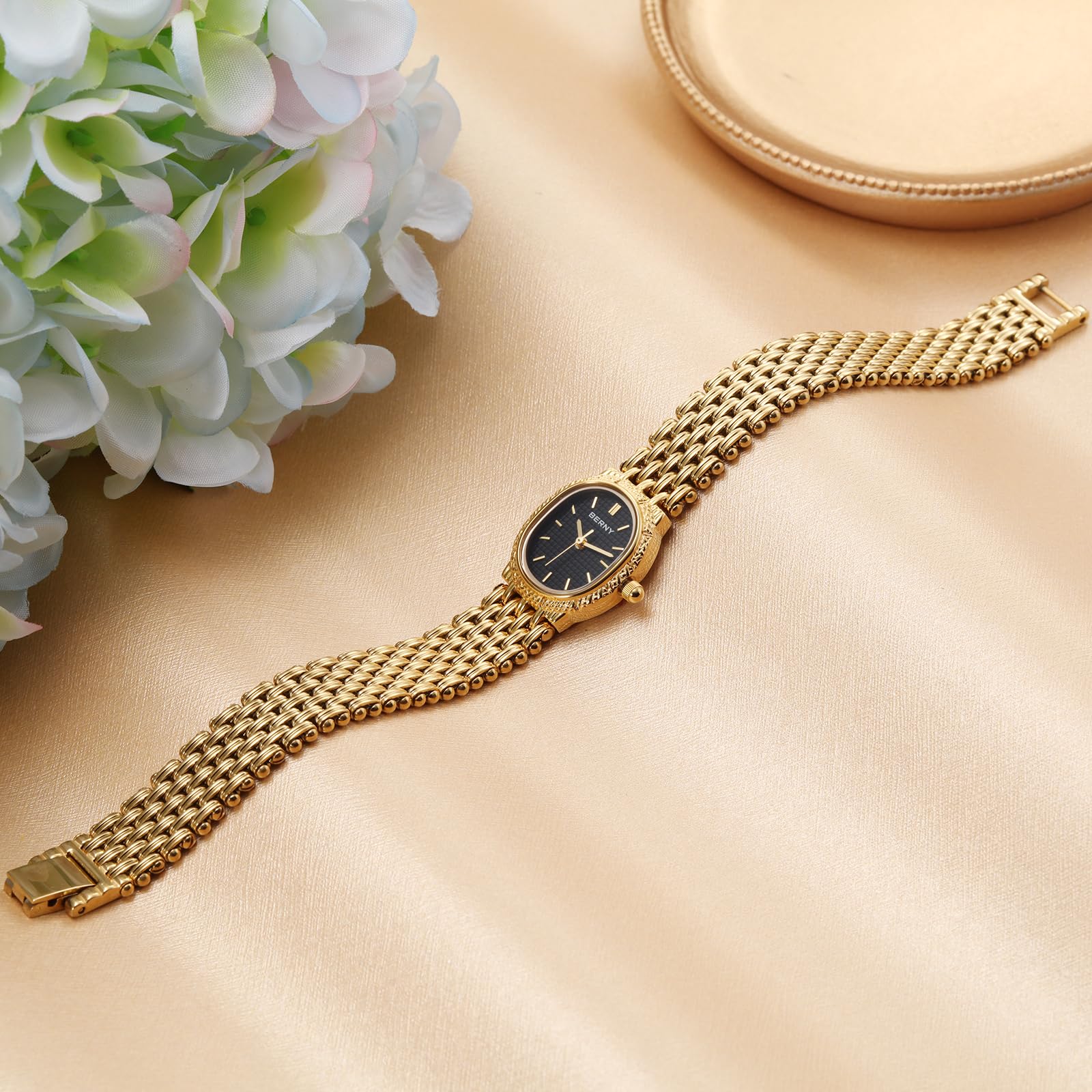 BERNY Gold Watches for Women Vintage Bracelet Wrist Watch Luxury Small Ladies Oval Quartz Watch with Tools Included(Black Dial) - Image 7