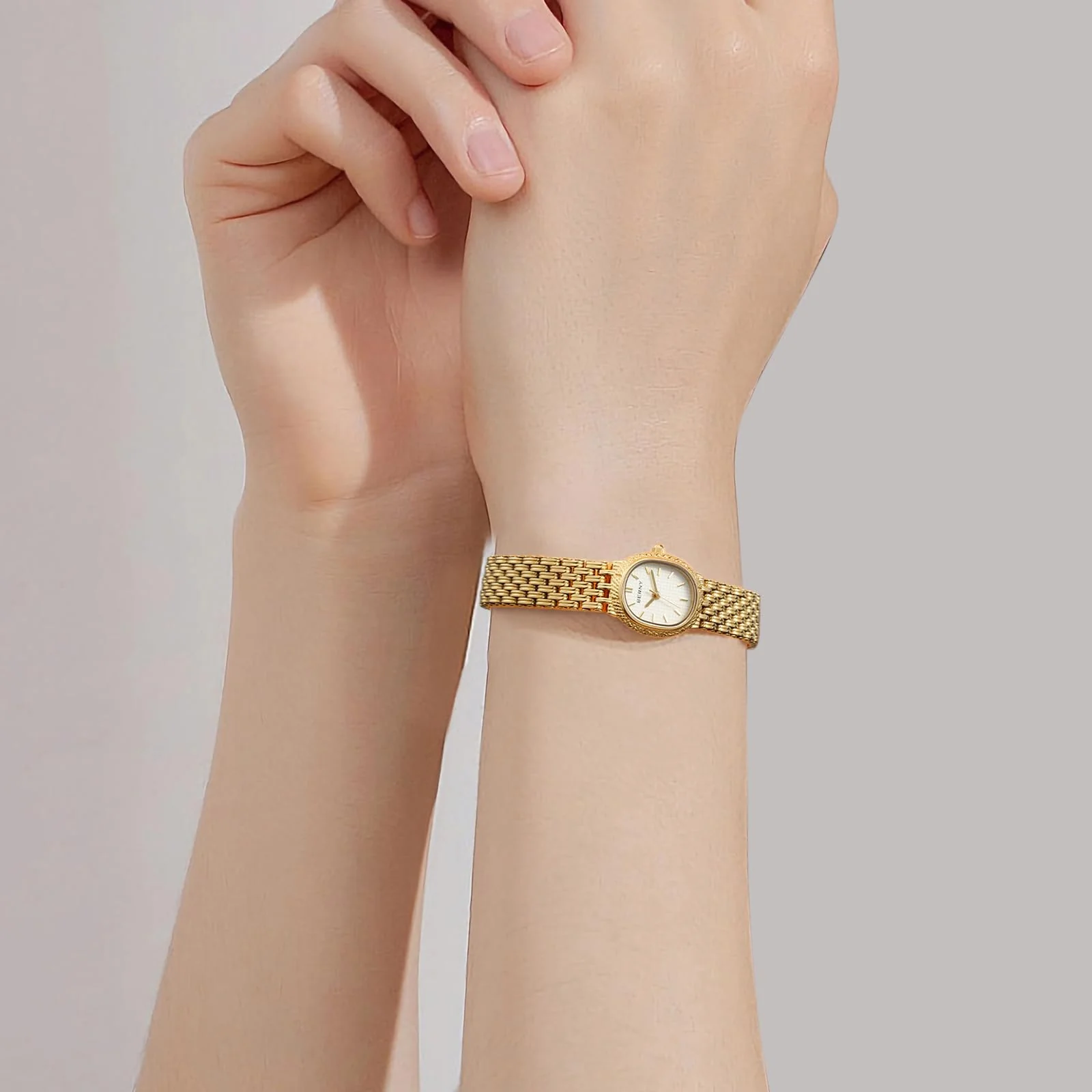 BERNY Gold Watches for Women Vintage Bracelet Wrist Watch Luxury Small Ladies Oval Quartz Watch with Tools Included(White Dial) - Image 2