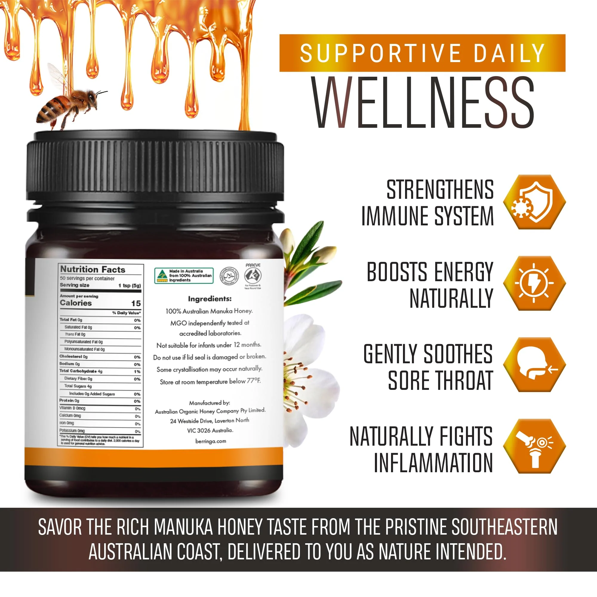 Berringa Manuka Honey Organic MGO 220+ Medium Strength, Supports General Wellbeing & Digestive Balance - 100% Raw, Pure & Unfiltered, Sustainably Sourced from Australia - (8.82 oz) - Image 2