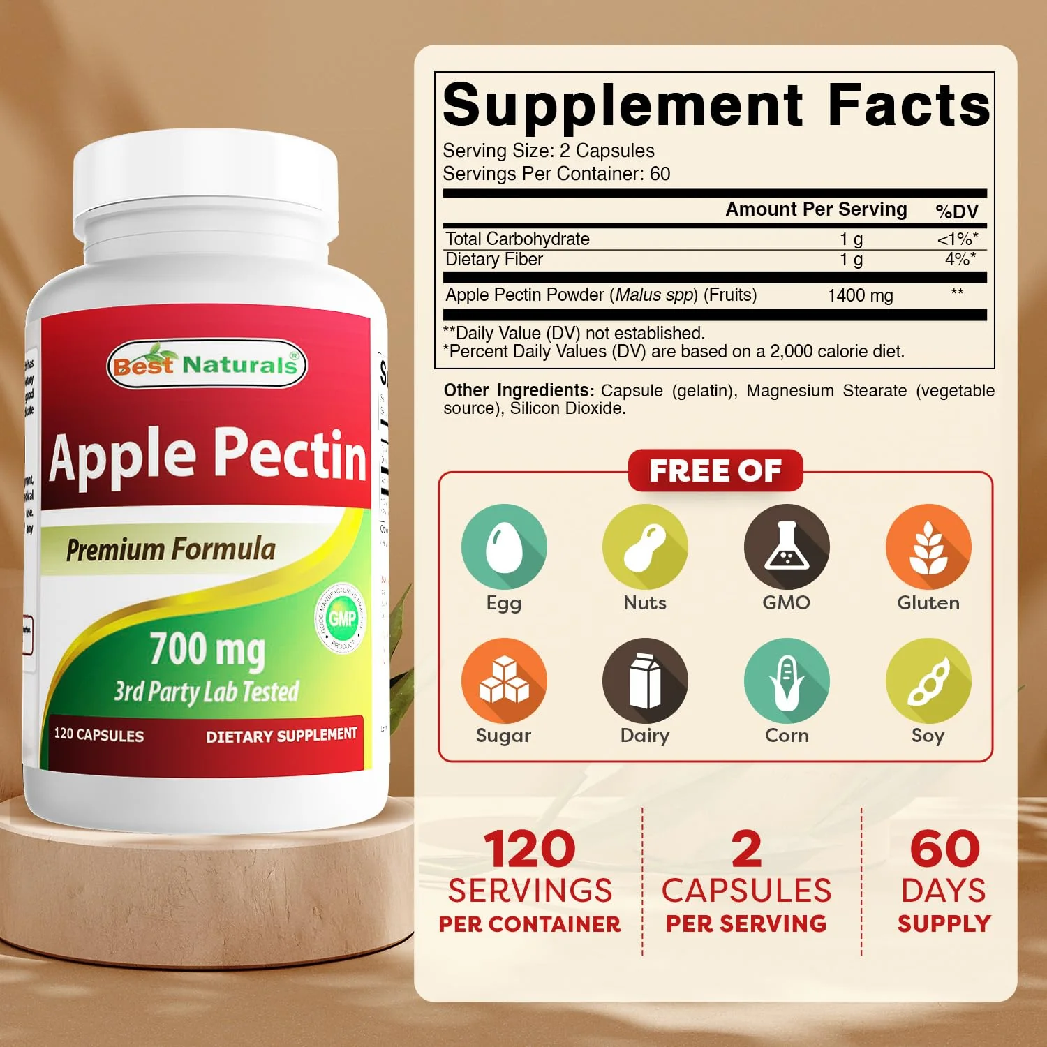 Best Naturals Apple Pectin 700 mg 120 Capsules - Image 8