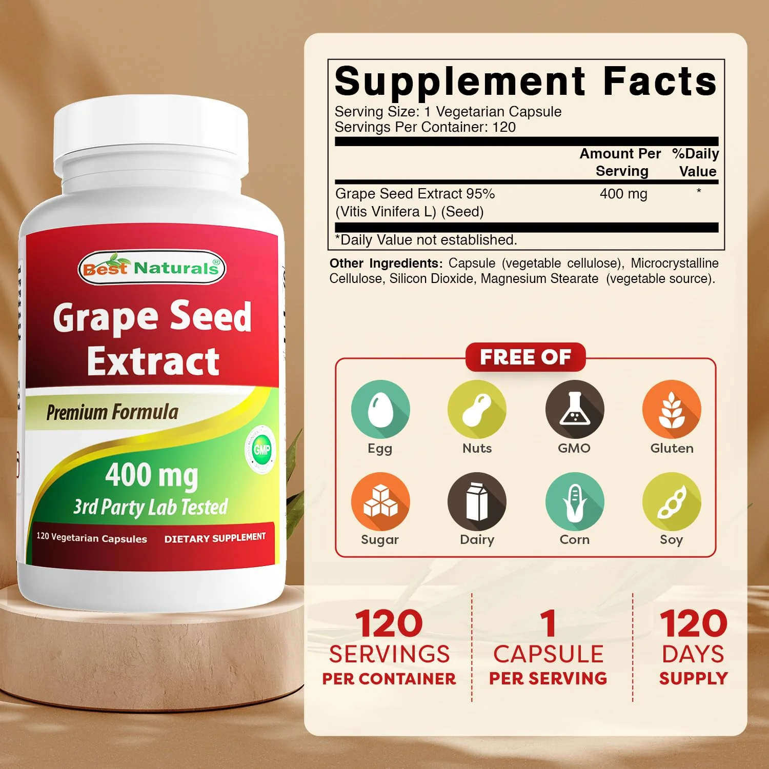 Best Naturals Grape Seed Extract 400 mg Veggie Capsule, 120 Count - Image 2