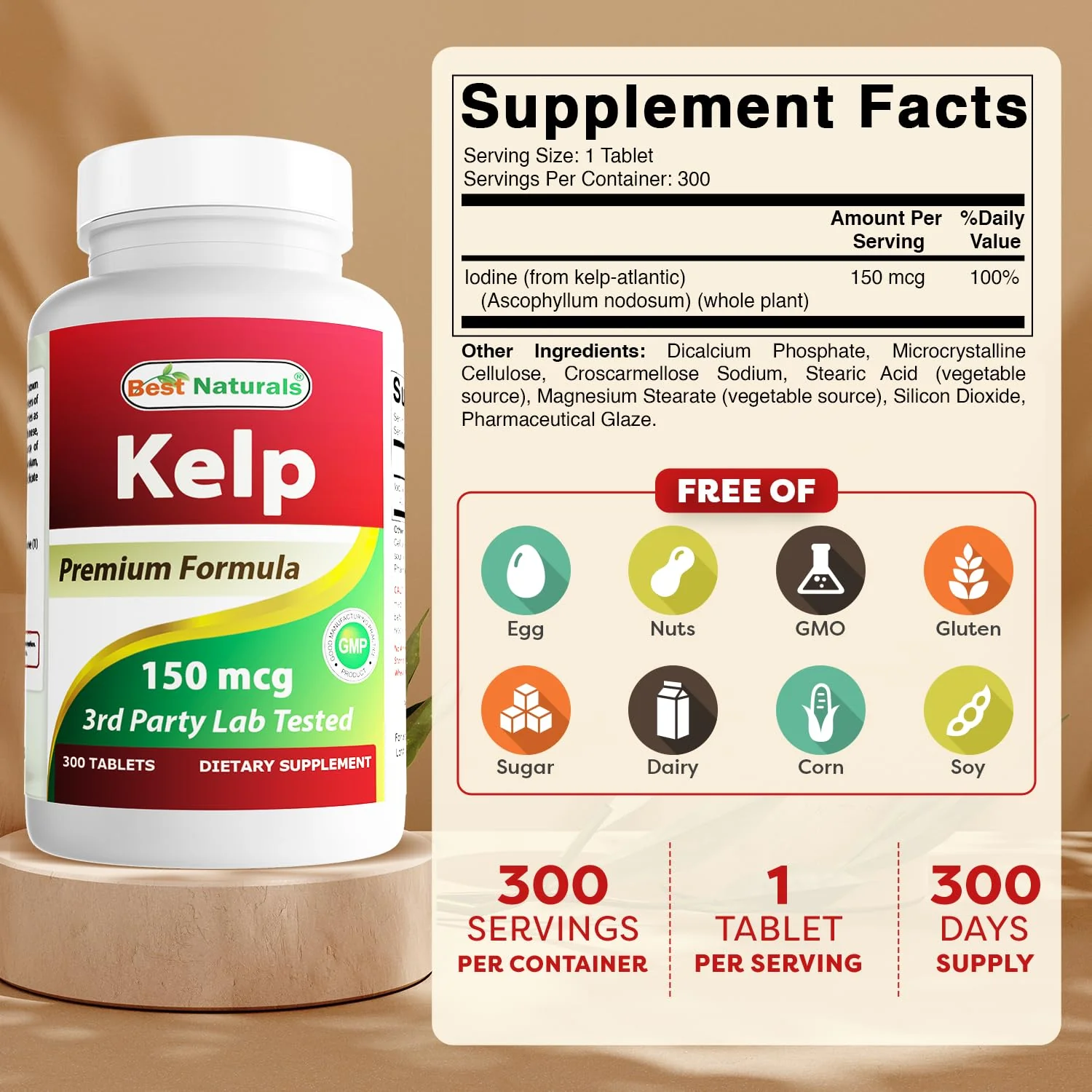 Best Naturals Kelp Supplement 150 Mcg Tablet, 300 Count - Image 2