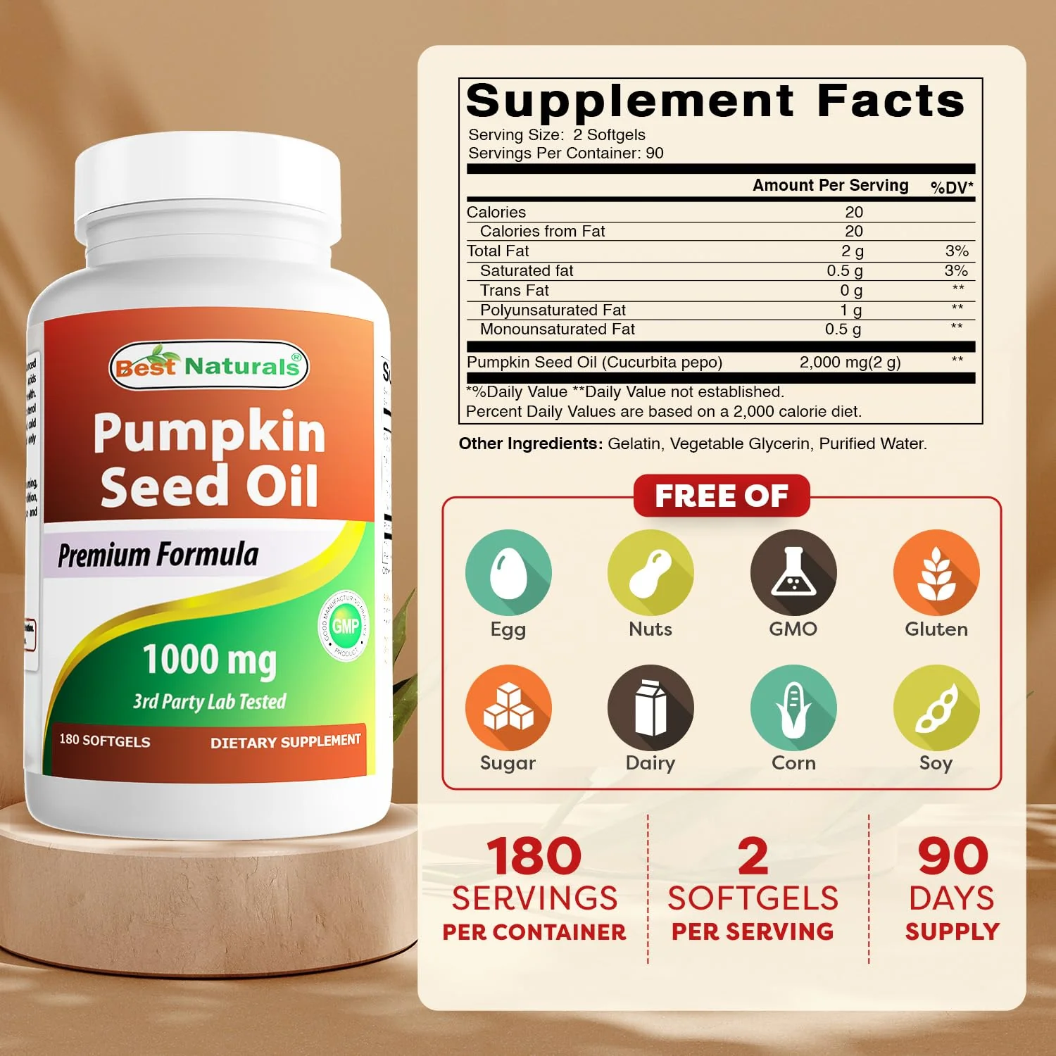 Best Naturals Pumpkin Seed Oil Bladder Control 1000 mg 180 Softgels - Image 2
