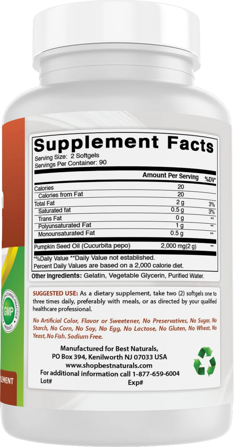 Best Naturals Pumpkin Seed Oil Bladder Control 1000 mg 180 Softgels - Image 6