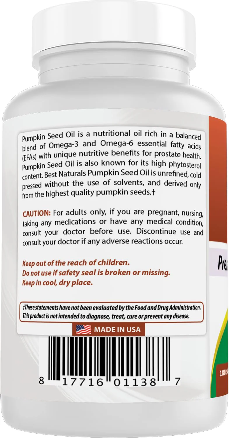 Best Naturals Pumpkin Seed Oil Bladder Control 1000 mg 180 Softgels - Image 7