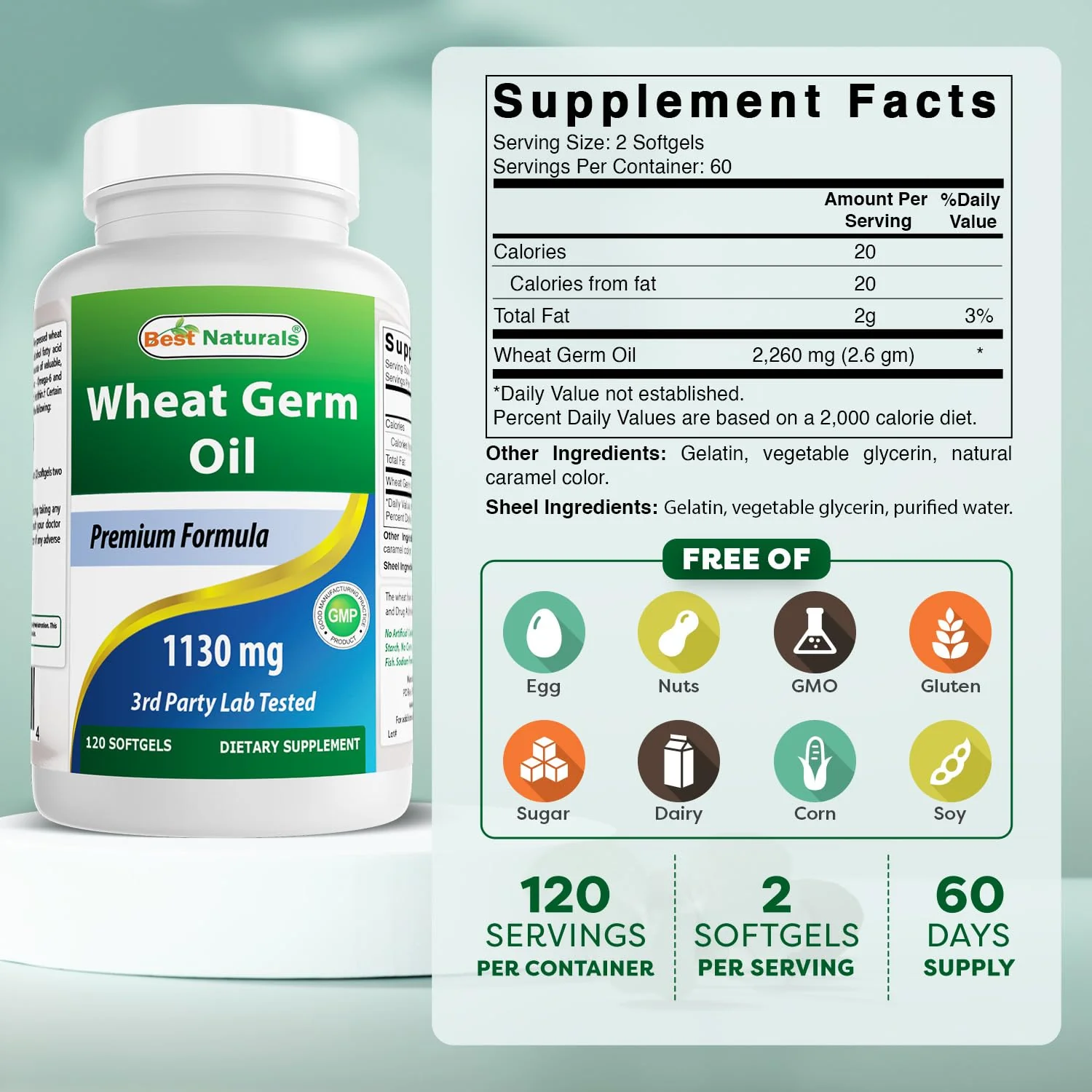 Best Naturals Wheat Germ Oil 1130 mg 120 Softgels - Image 7