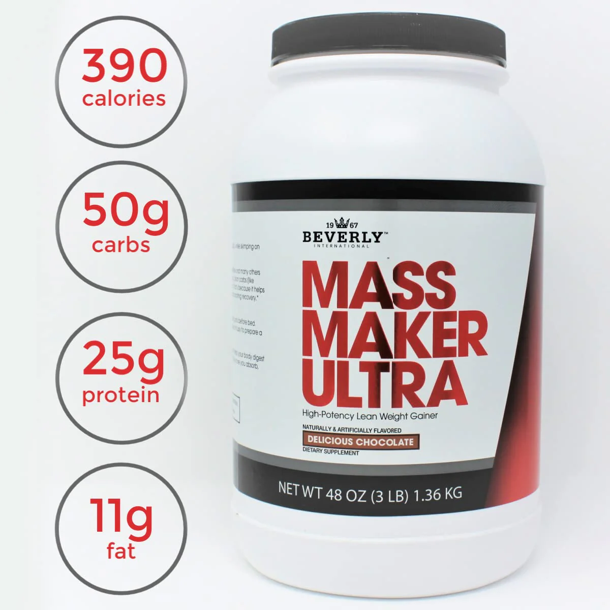Beverly International Mass Maker Ultra Chocolate, 14 Servings, 3lb. Build Lean Mass Like a Pro. Milk Protein Isolate, Whey Protein Isolate + Egg. MCT Oil. Clean Carbs, Great Taste - Image 3