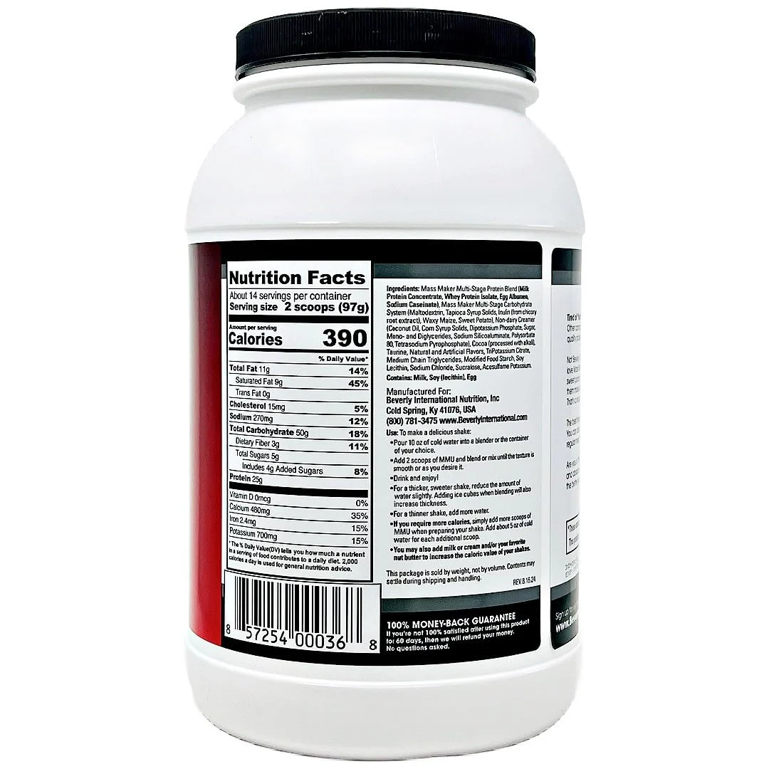 Beverly International Mass Maker Ultra Chocolate, 14 Servings, 3lb. Build Lean Mass Like a Pro. Milk Protein Isolate, Whey Protein Isolate + Egg. MCT Oil. Clean Carbs, Great Taste - Image 4