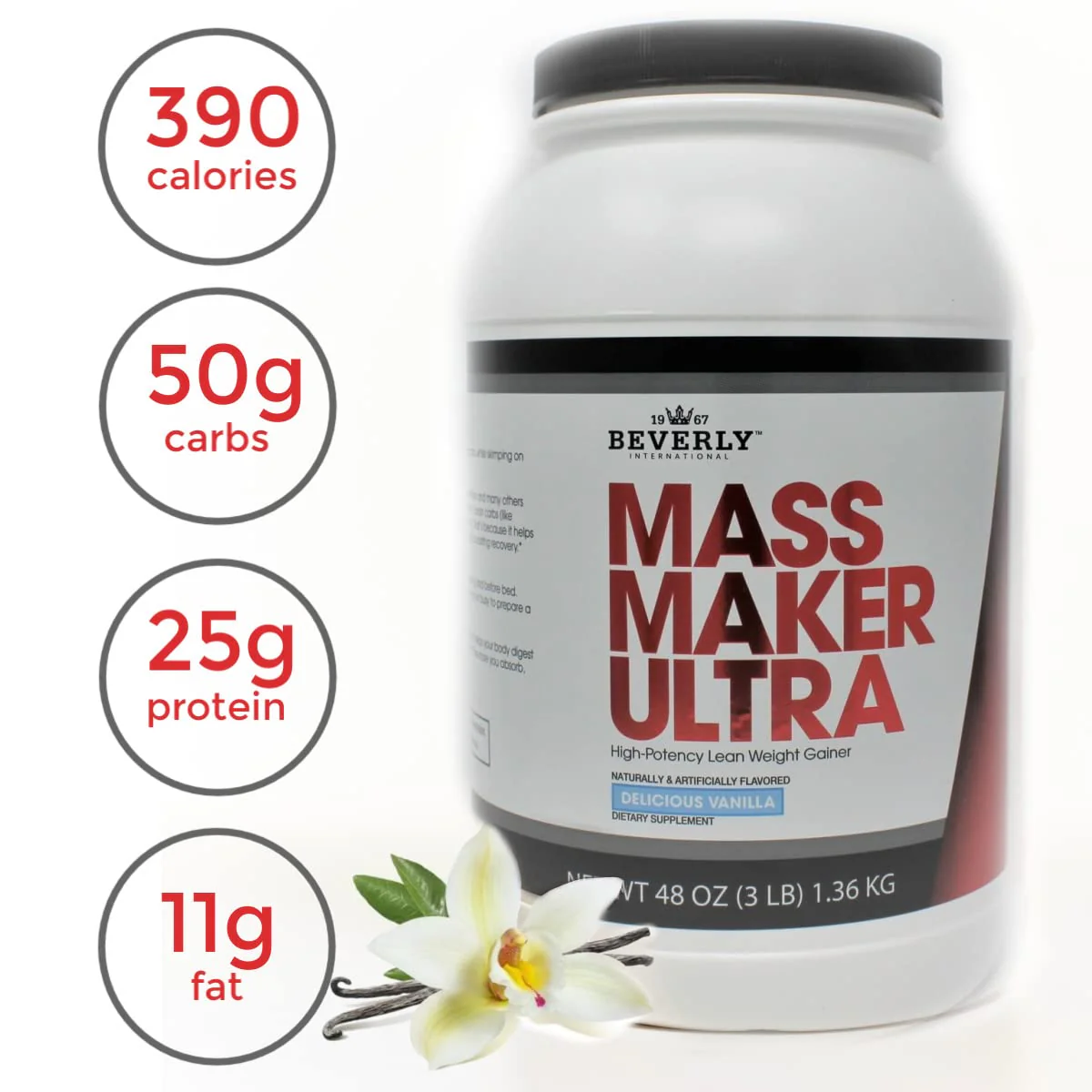 Beverly International Mass Maker Ultra Vanilla, 14 Servings, 3lb. Build Lean Mass Like a Pro. Milk Protein Isolate, Whey Protein Isolate + Egg. MCT Oil. Clean Carbs, Great Taste - Image 3