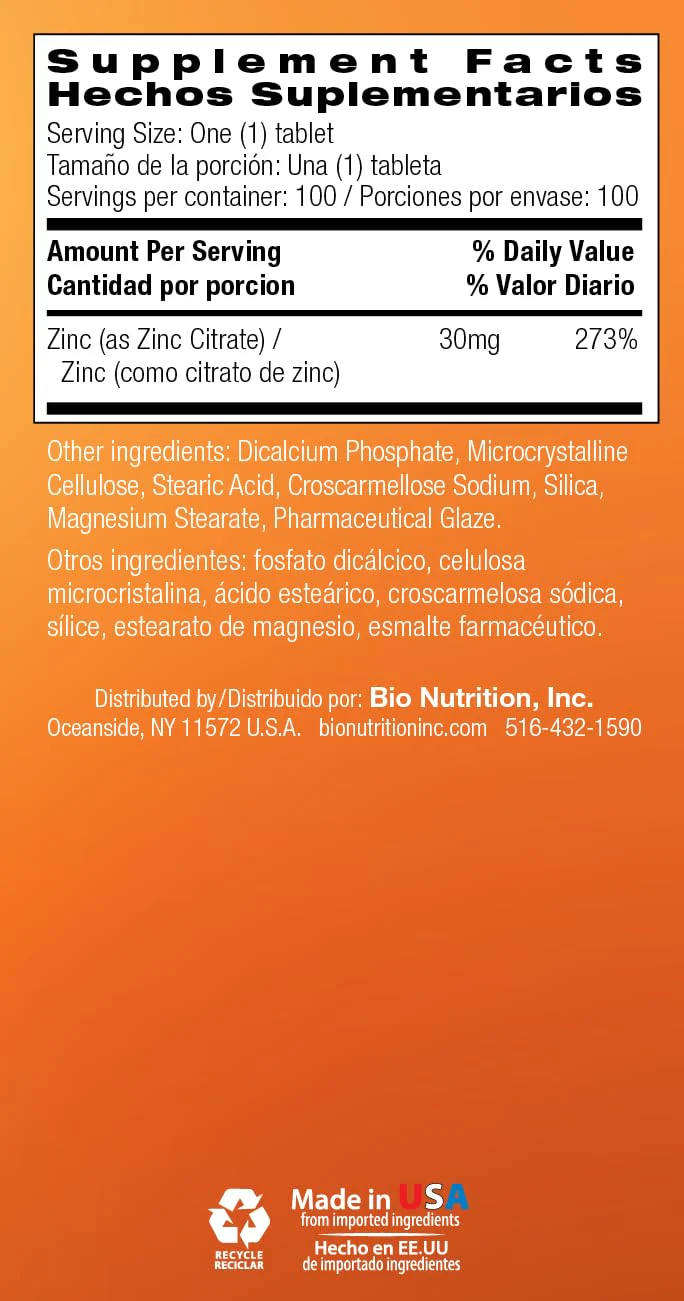 Bio Nutrition Zinc Citrate, 30 mg, 100 Tablets - Image 7