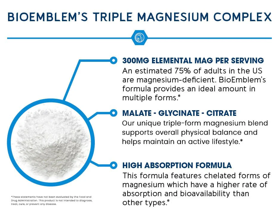 BioEmblem Triple Magnesium Complex | 300mg Magnesium Glycinate, Malate & Citrate | High Absorption Chelated Formula | Vegan, Non-GMO, Gluten-Free | 90 Capsules - Image 6
