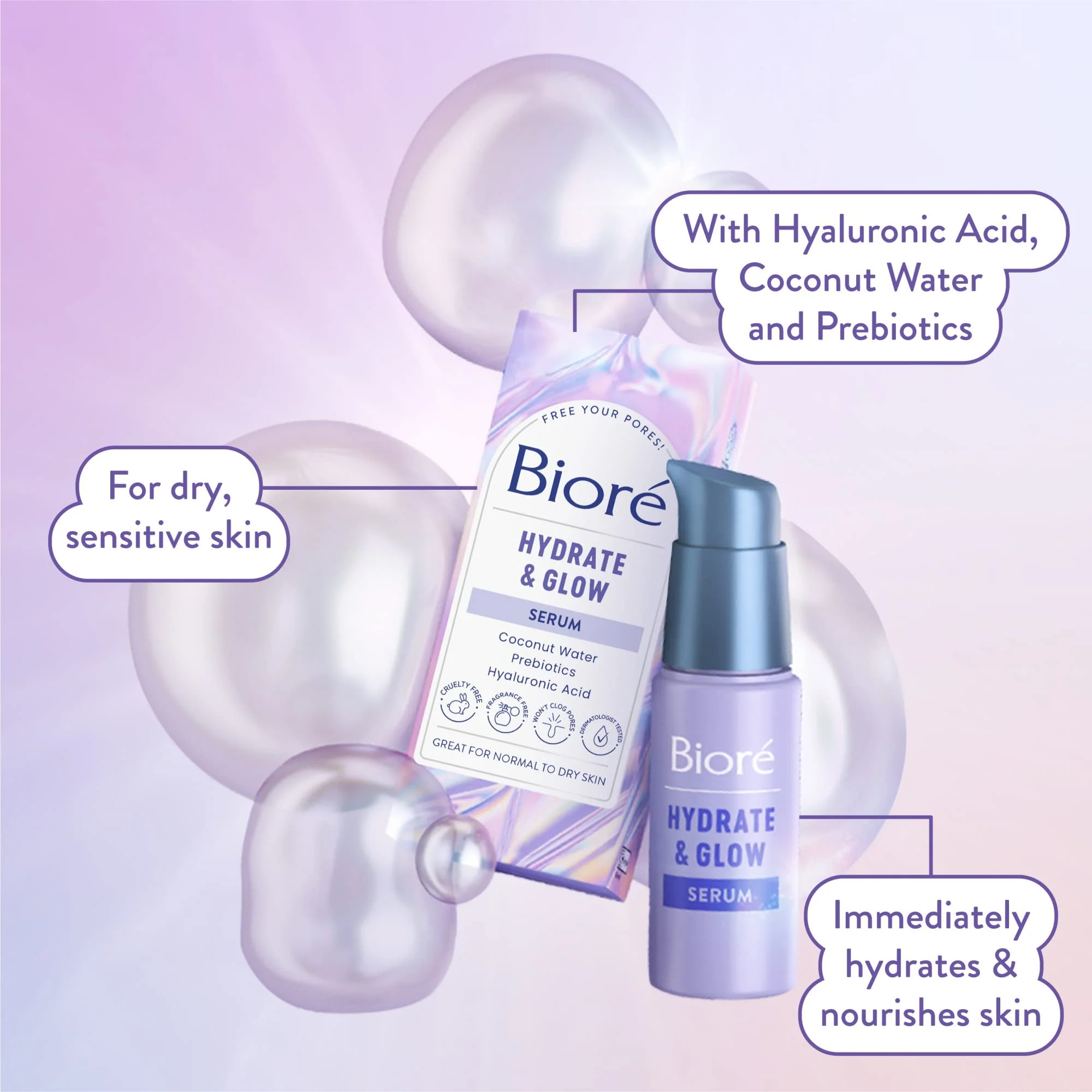 Bioré Hydrate & Glow Face Serum for Dry, Sensitive Skin with Hyaluronic Acid, Coconut Water and Prebiotics, Dermatologist Tested Face Serum, Fragrance Free, Not Tested on Animals, 1 oz Bottle - Image 6
