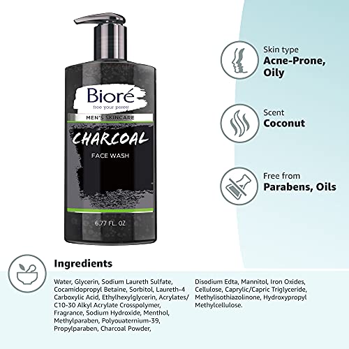 Bioré Men's Skincare Charcoal Face Wash, Deep Cleans Pores & Refreshes Skin, 6.77 Fl. Ounces - Image 2