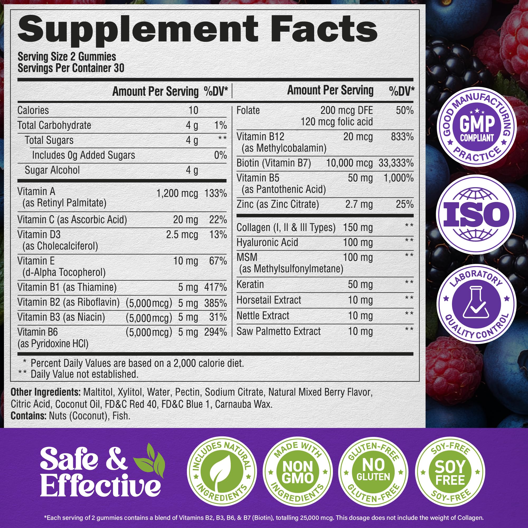 Biotin Gummies with Collagen - Hair Growth Support Skin, & Nail Strength - for Women & Men - Biotin 10000mcg | Keratin | Hyaluronic Acid | B-Complex | Saw Palmetto - Sugar-Free, Mixed Berry - 60 Gummy - Image 4