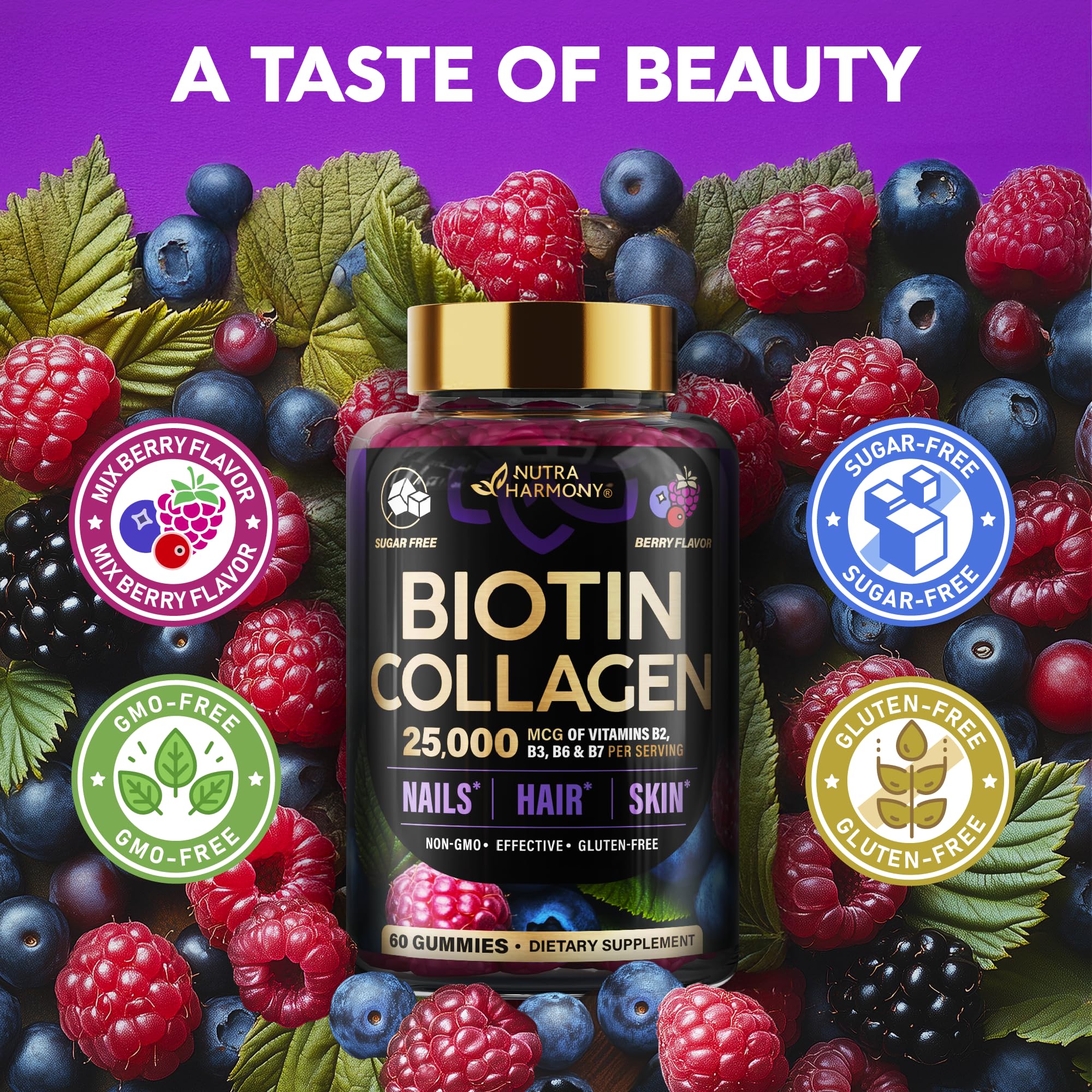 Biotin Gummies with Collagen - Hair Growth Support Skin, & Nail Strength - for Women & Men - Biotin 10000mcg | Keratin | Hyaluronic Acid | B-Complex | Saw Palmetto - Sugar-Free, Mixed Berry - 60 Gummy - Image 6