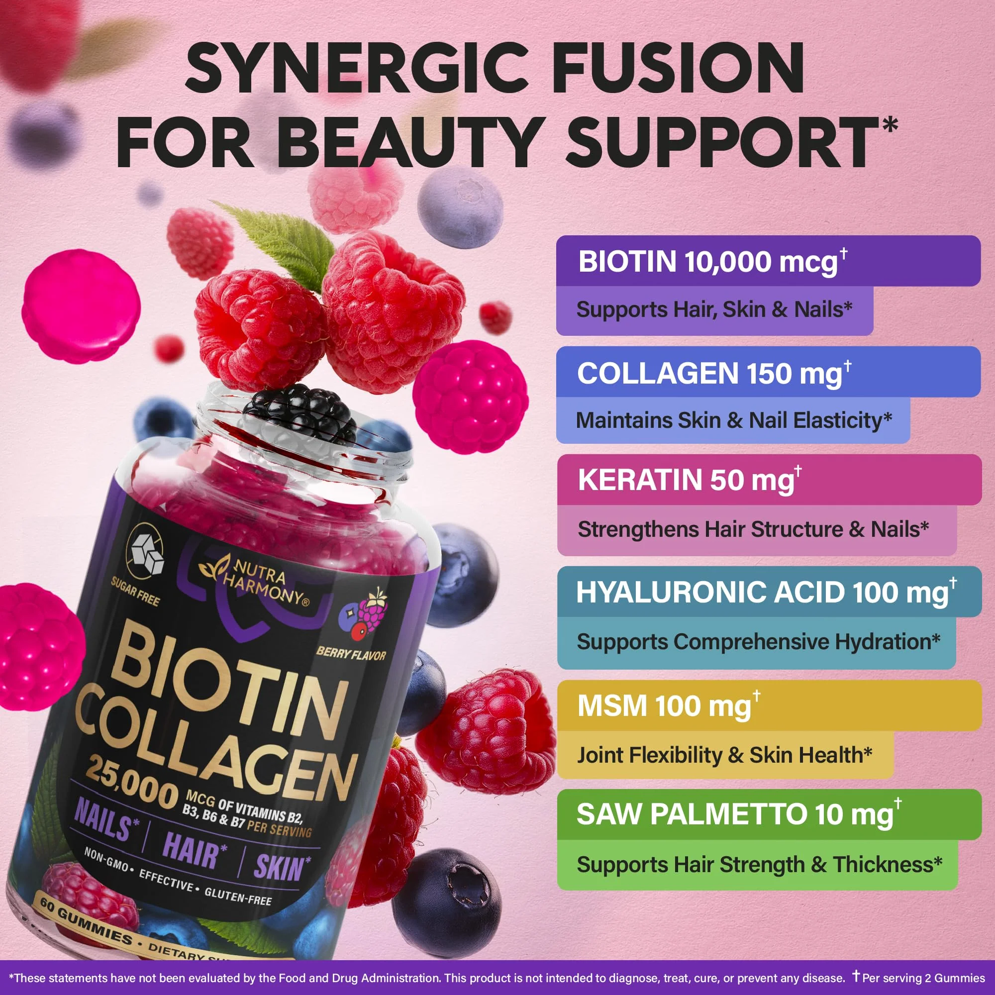 Biotin Gummies with Collagen - Hair Growth Support Skin, & Nail Strength - for Women & Men - Biotin 10000mcg | Keratin | Hyaluronic Acid | B-Complex | Saw Palmetto - Sugar-Free, Mixed Berry - 60 Gummy - Image 8