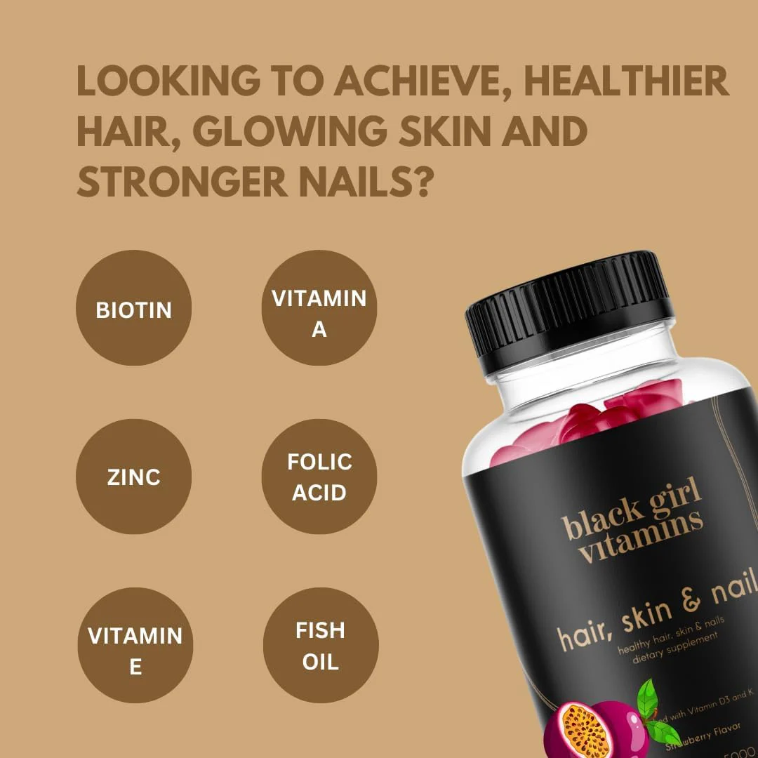 Black Girl Vitamins - Hair, Skin, and Nails Gummies with Biotin (6000 mcg), Zinc, Gelatin Free, Vitamin A, and Vitamin E - Gluten-Free. Made in The USA (Passion Fruit, 60 Count) 30 Day Supply - Image 4