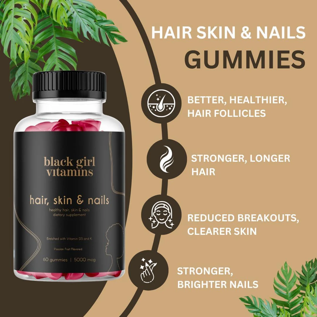 Black Girl Vitamins - Hair, Skin, and Nails Gummies with Biotin (6000 mcg), Zinc, Gelatin Free, Vitamin A, and Vitamin E - Gluten-Free. Made in The USA (Passion Fruit, 60 Count) 30 Day Supply - Image 5