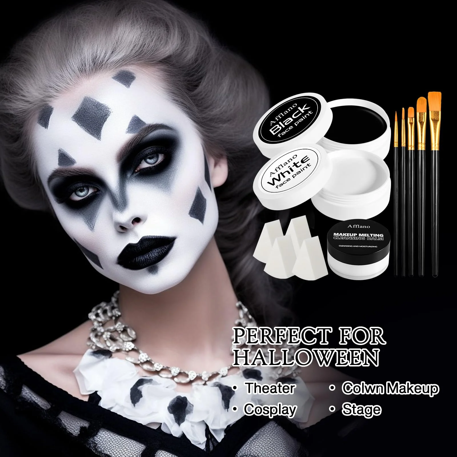 Black & White Face Paint Kit – Large 50g Oil-Based Grease Makeup Jars with Remover, 5 Brushes & 4 Sponges – Halloween, Cosplay & Stage SFX Makeup Set - Image 7