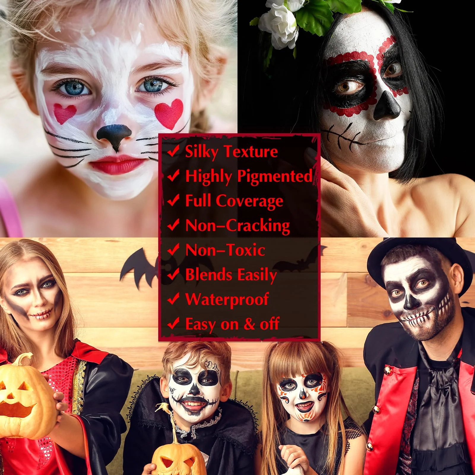 Black White Red Face & Body Paint - Blendable Facepaint Foundation with Sponge & Brush for Skin, Professional Halloween Face Make-up Kit for Zombie Clown Vampire Skeleton Skull Joker Costume - Image 5