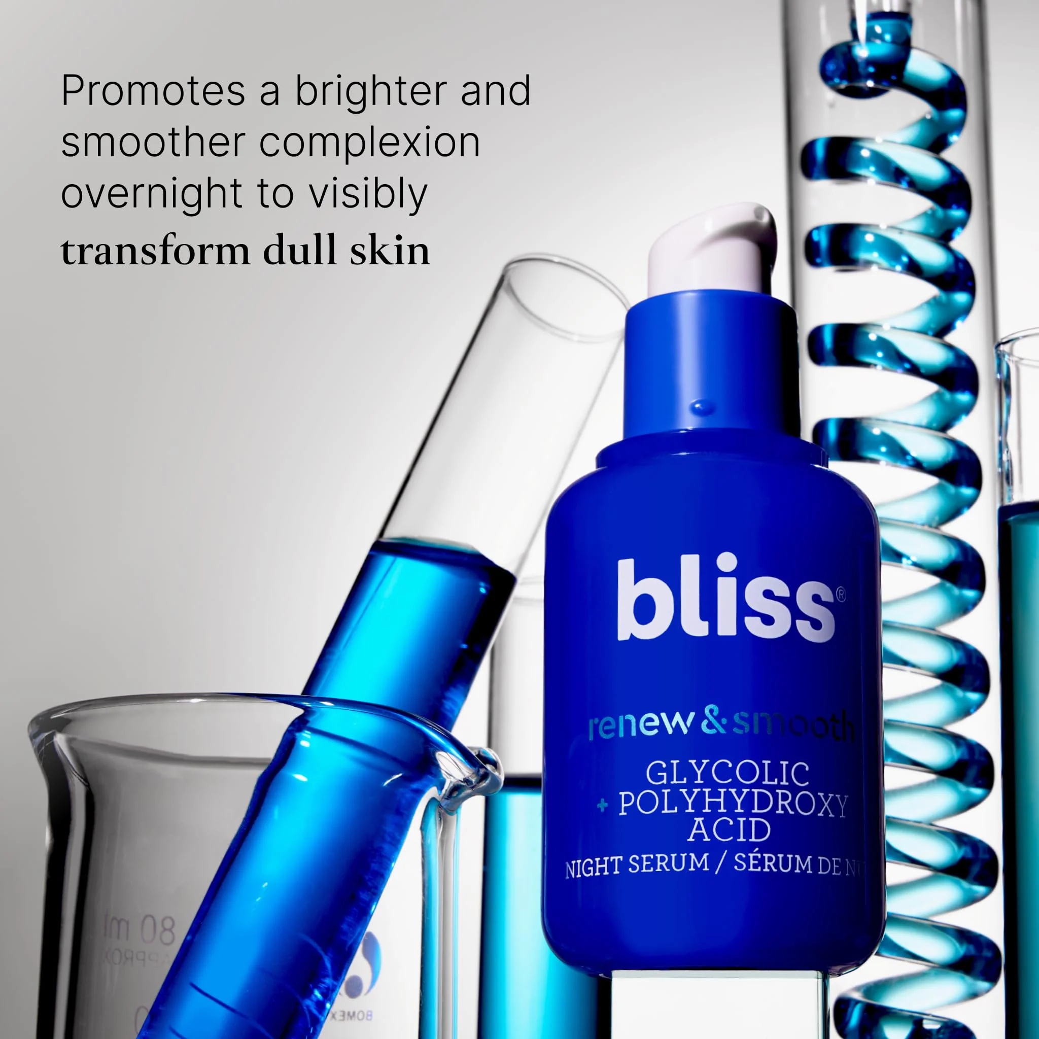Bliss Renew & Smooth Night Serum – Glycolic Acid + Polyhydroxy Acid Exfoliating Serum – Resurfaces Skin, Smooths Texture & Brightens Tone Overnight – 1 Fl Oz - Image 2