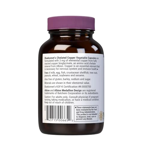 Bluebonnet Nutrition Albion Chelated Copper, 3 mg of Copper, For Nervous System & Immune Health*, Soy-Free, Gluten-Free, Non-GMO, Kosher Certified, Dairy-Free, Vegan, 90 Vegetable Capsule, 90 Servings - Image 7