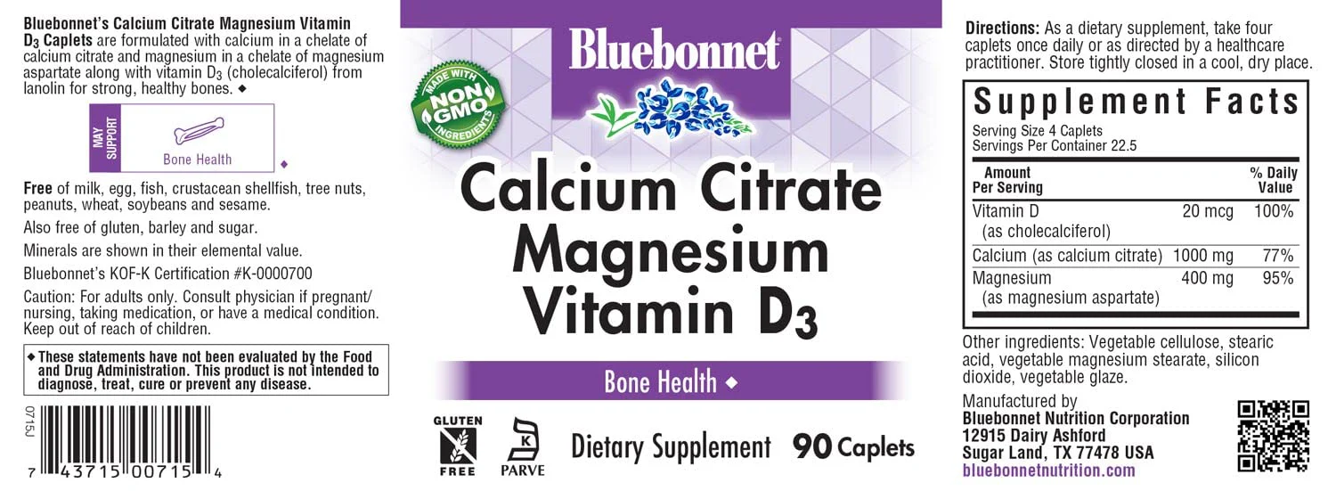 Bluebonnet Nutrition Calcium Citrate Magnesium Plus Vitamin D3 Caplets, Bone Health & Muscle Relaxation, Non GMO, Gluten, Soy & Milk Free, Kosher, White, 90 Count - Image 8