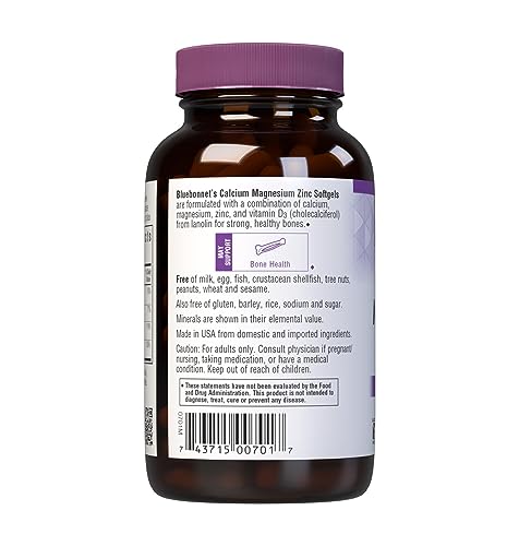 Bluebonnet Nutrition Calcium Magnesium Zinc Plus Vitamin D3, 1000 mg of Calcium, 500 mg of Magnesium and 15 mg of Zinc, 400IU Vitamin D3, For Strong Healthy Bones*, Gluten-Free, Dairy-Fee, 120 softgel - Image 6