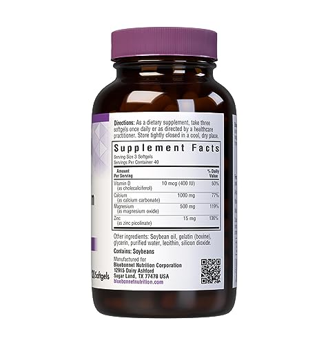 Bluebonnet Nutrition Calcium Magnesium Zinc Plus Vitamin D3, 1000 mg of Calcium, 500 mg of Magnesium and 15 mg of Zinc, 400IU Vitamin D3, For Strong Healthy Bones*, Gluten-Free, Dairy-Fee, 120 softgel - Image 7