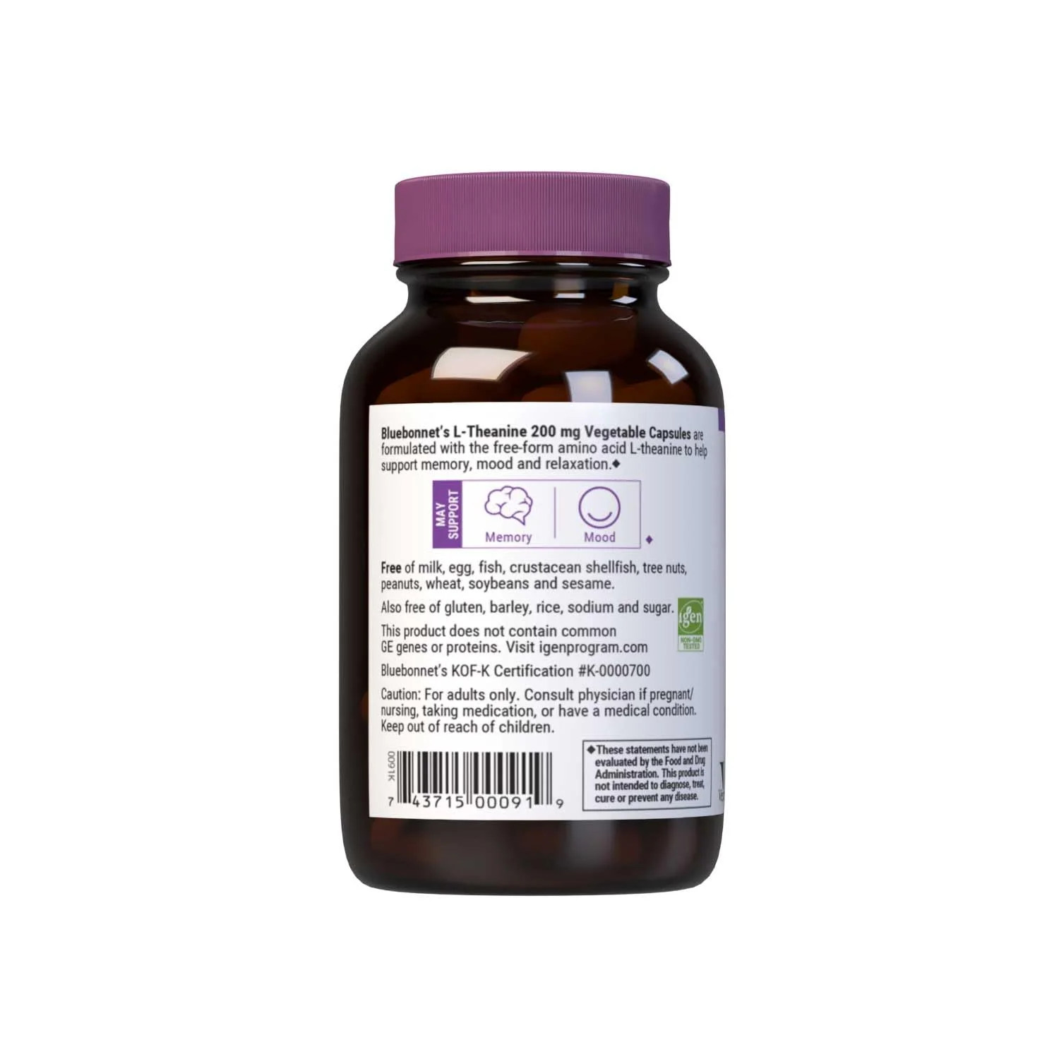 Bluebonnet Nutrition L-Theanine 200mg, Free-Form Amino Acid, Promotes Relaxation*, Soy-Free, Gluten-Free, Non-GMO, Kosher Certified, Vegan, 60 Vegetable Capsules, 60 Servings - Image 2