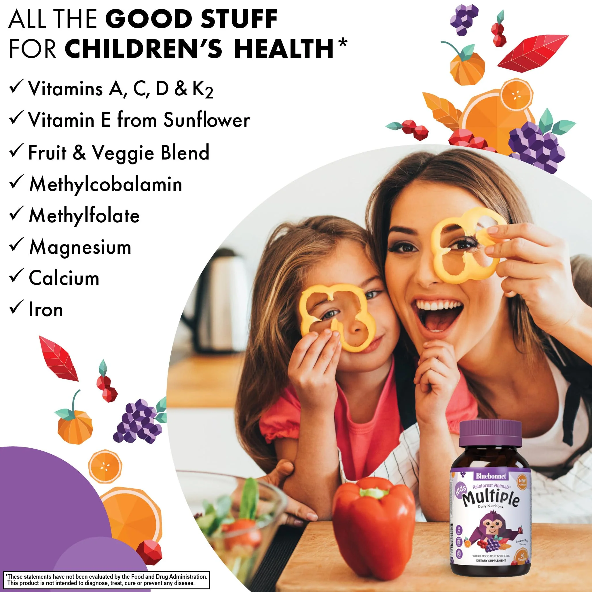 Bluebonnet Nutrition Rainforest Animalz Whole Food Based Multiple Chewable Tablet, Kids Multivitamin & Mineral, Vitamin C, D3, Iron, Gluten Free, Milk Free, Kosher, 180 Chewable Tablets, Mixed Flavor - Image 5