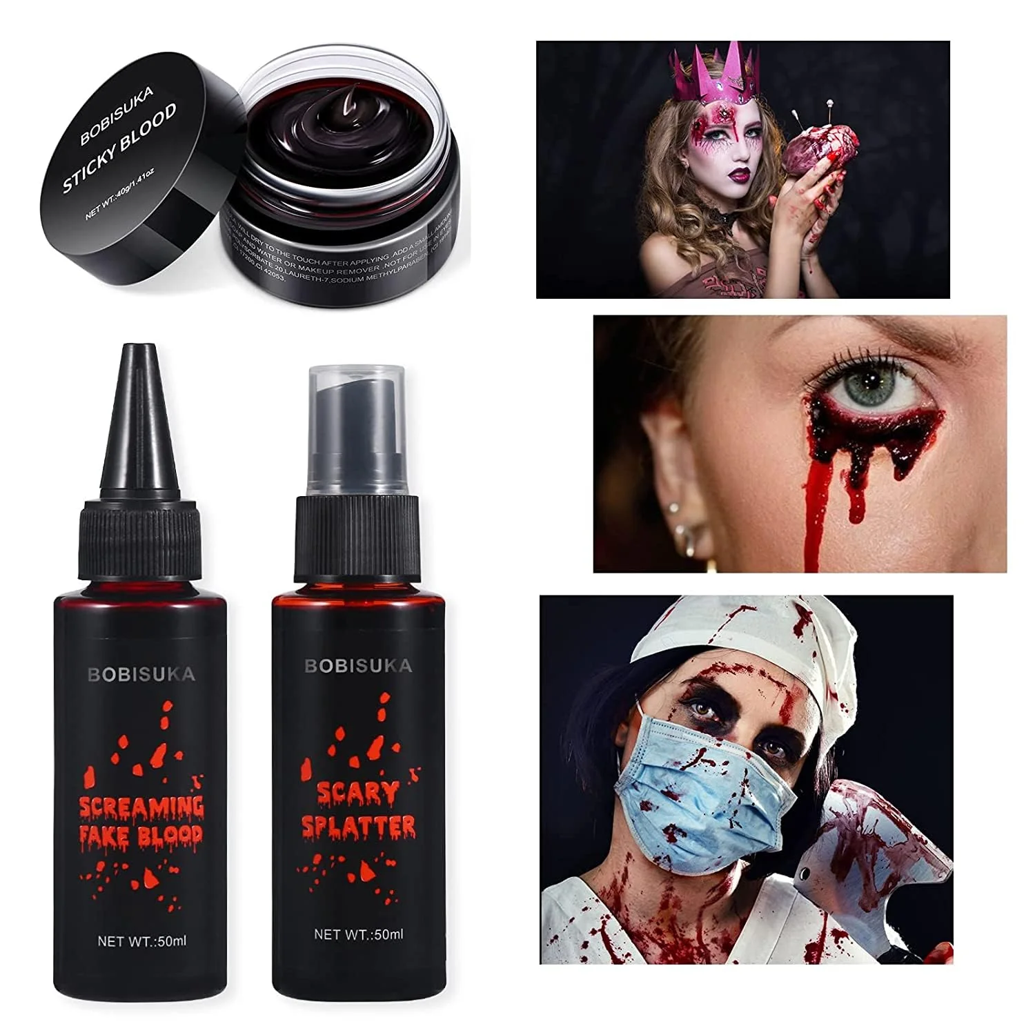 BOBISUKA 3PCS Halloween Fake Blood Makeup Kit - Coagulated 1.41oz + Spray 1.76oz + Dripping 1.76oz, Realistic Washable SFX Makeup for Zombie Monster Mouth Clothes Dress Up - Image 6